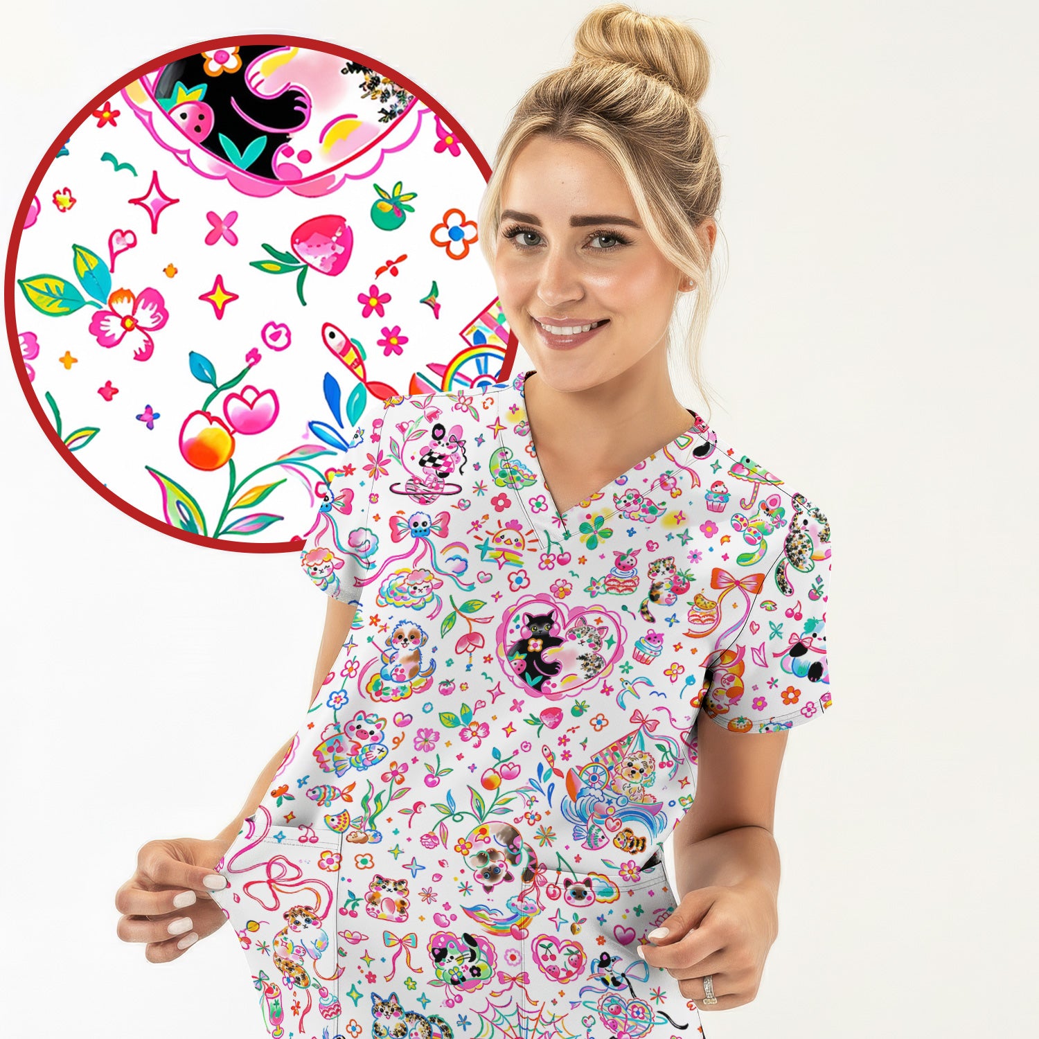 Colorful Kawaii Cat Heart Doodle Pattern Scrub Top, Comfortable Scrubs for Nurses