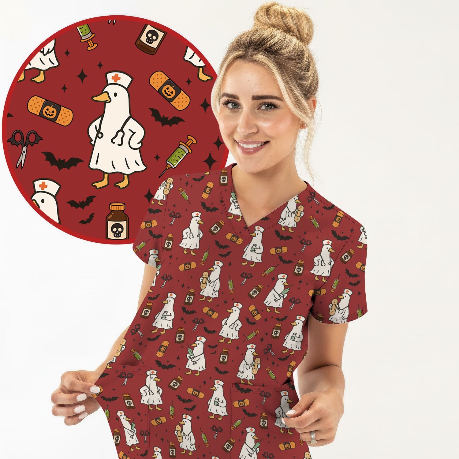 Cute Duck Pattern Nurse Scrub Top - Funny Goose Halloween Medical Design - Playful Spooky Nursing Shirt for RN LPN CNA Women