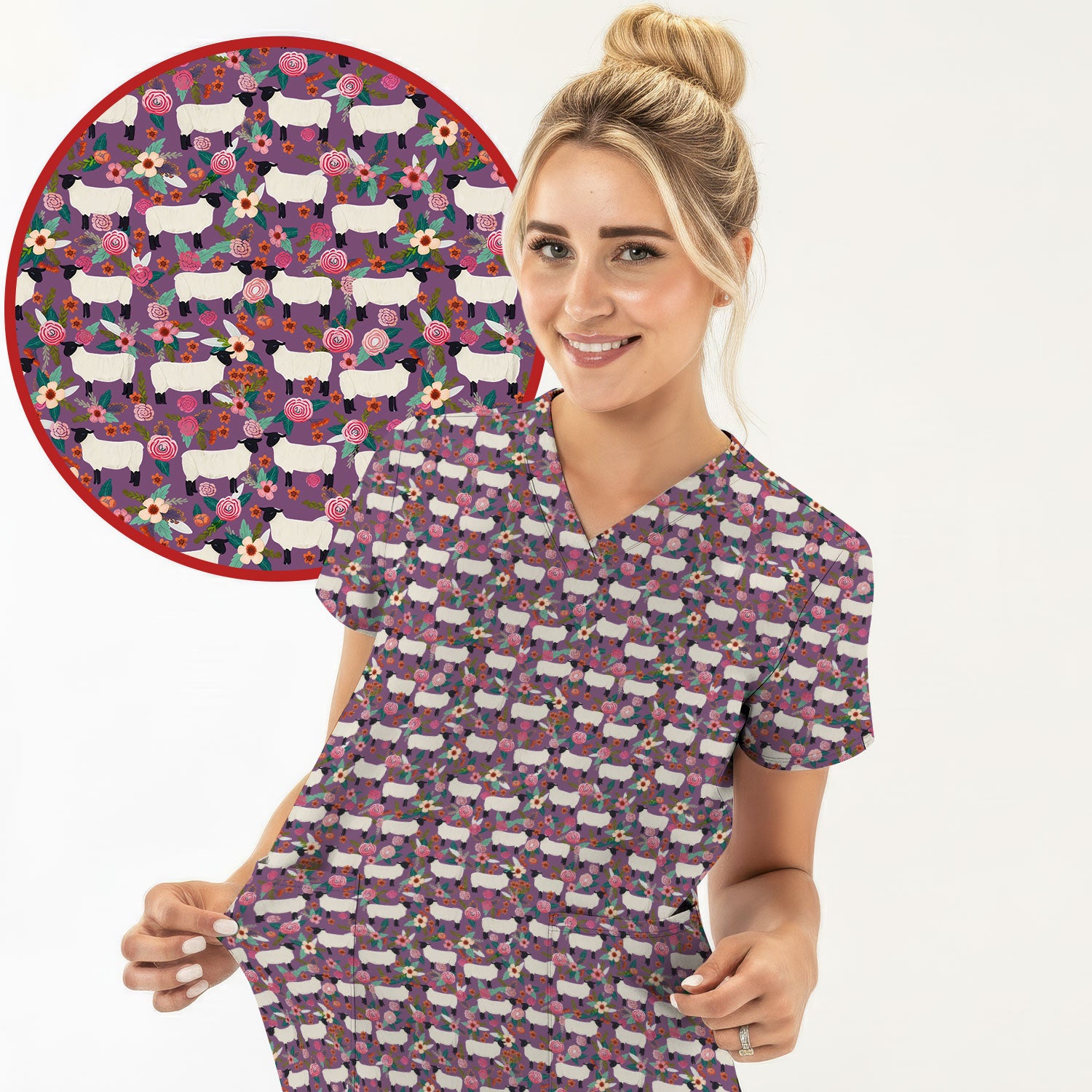 Cute Sheep Floral Meadow Pattern Scrub Top, Comfortable Scrubs For Nurses