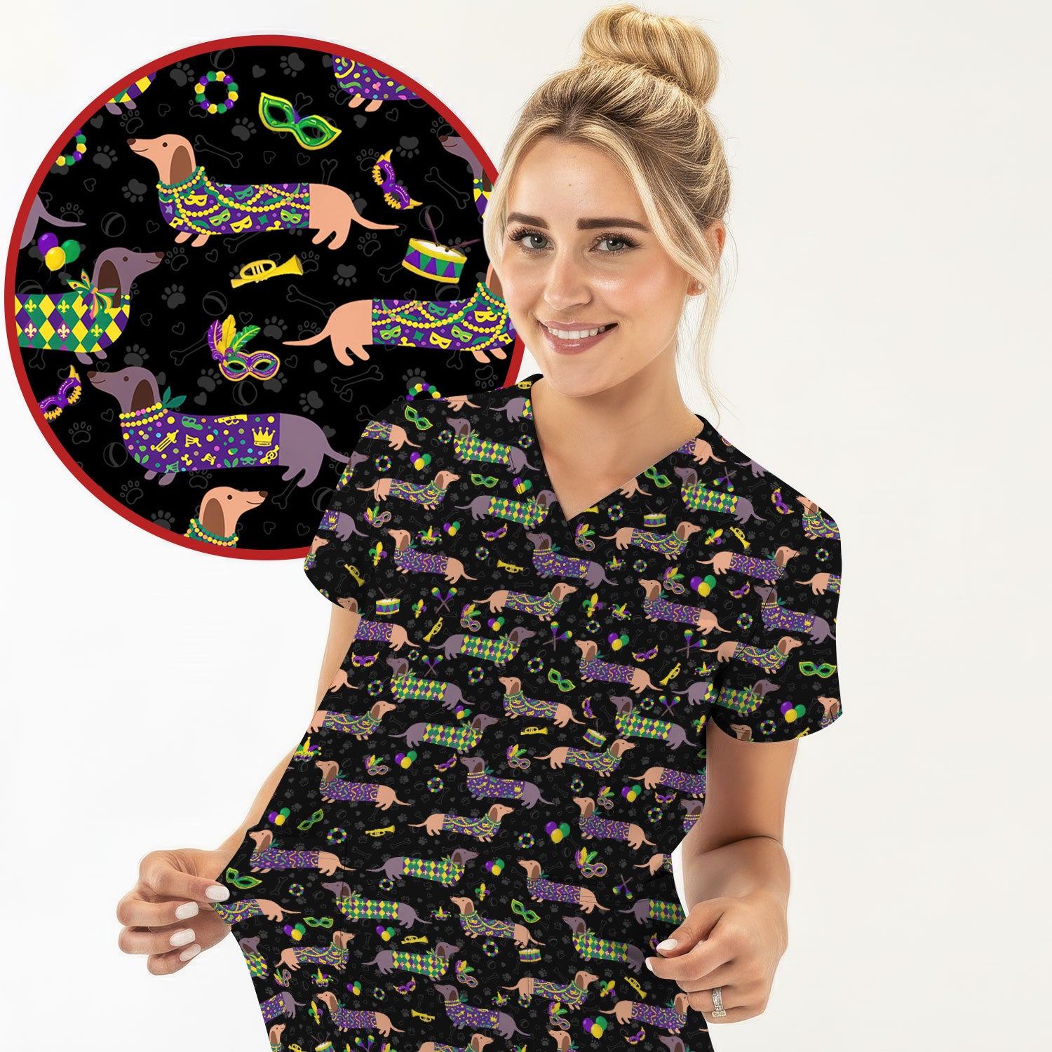 Mardi Gras Dachshund Nurse Scrub Top, Wiener Dog Holiday Pattern Nurses Shirt, Comfortable Uniform Scrubs For Nursing