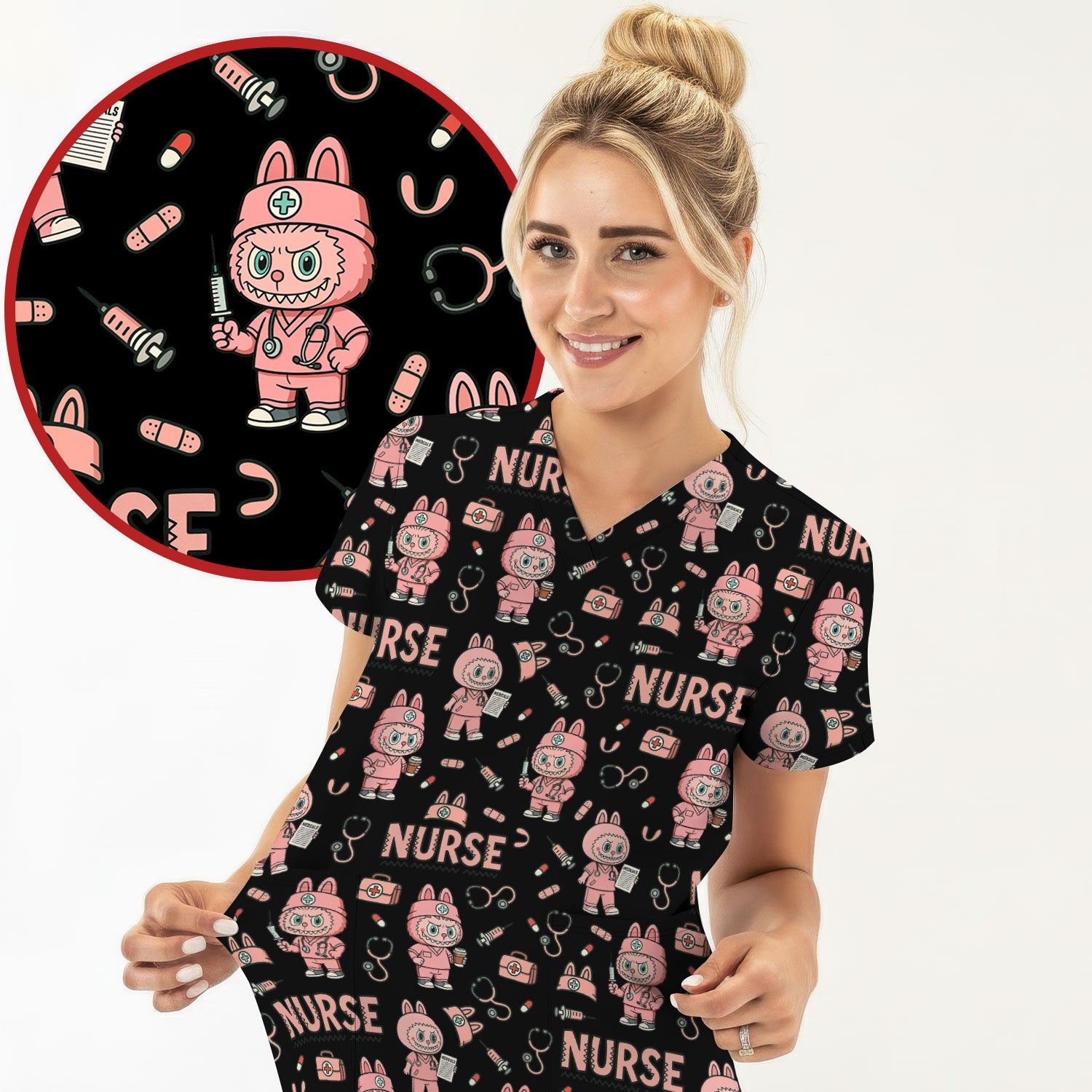 Bunny Cartoon Nurse Scrub Shirt  Cute Medical Top for Women CNA RN Doctor - Fun Scrubs Gift Idea for Nurses, Students, Holiday Season