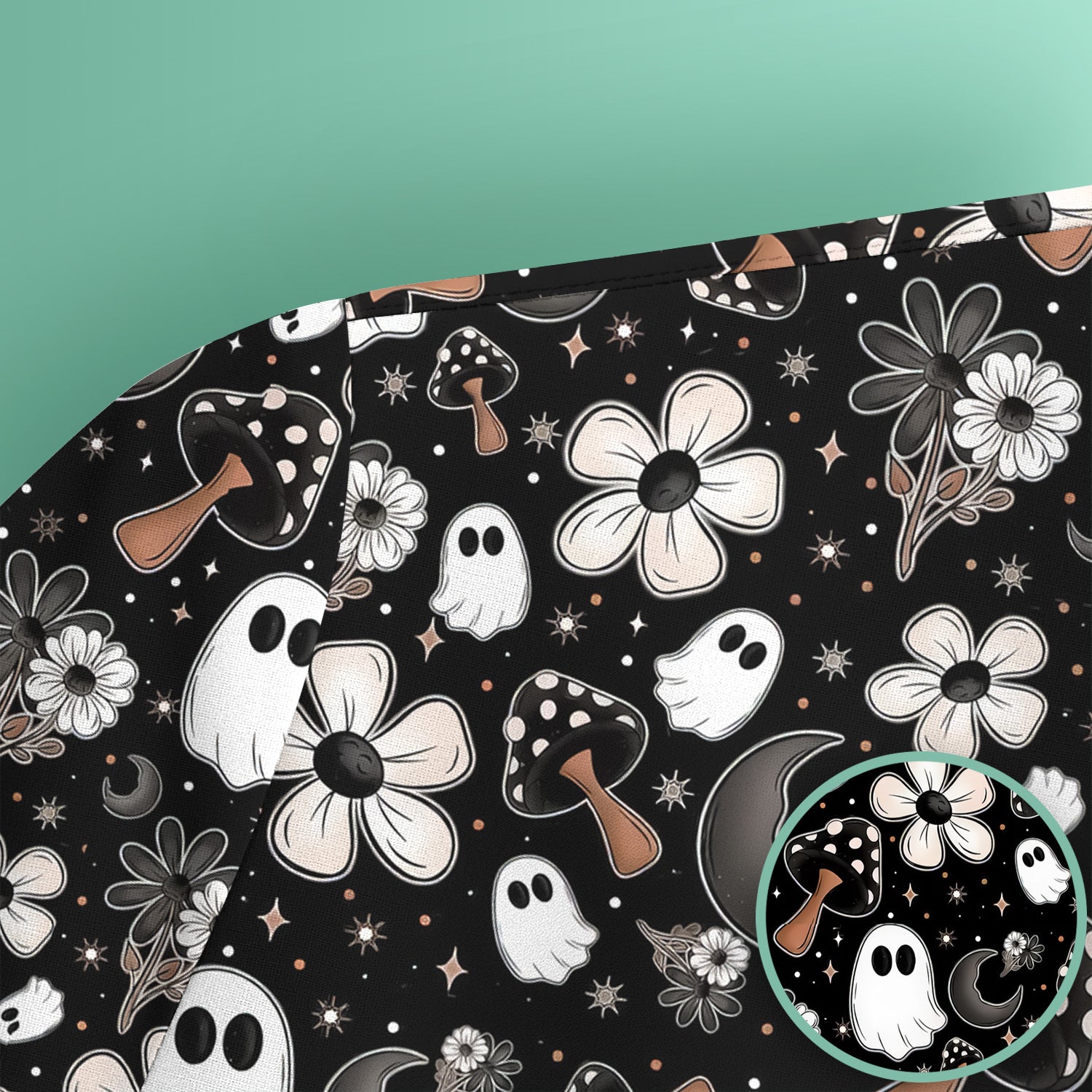 Floral Mushroom Ghost Pattern Scrub Top, Comfortable Scrubs for Nurses