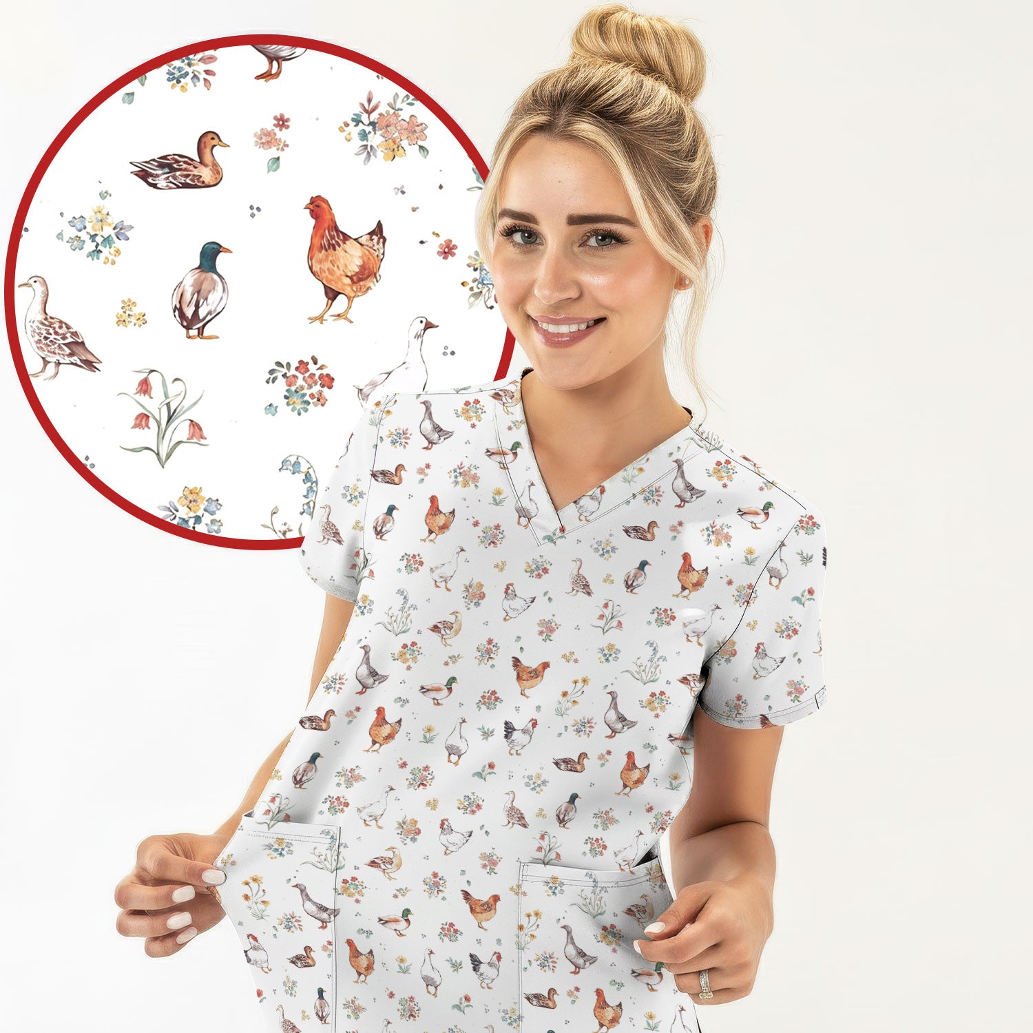 Farm Chicken Duck Floral Pattern Scrubs Top, Comfortable Scrubs for Nurses