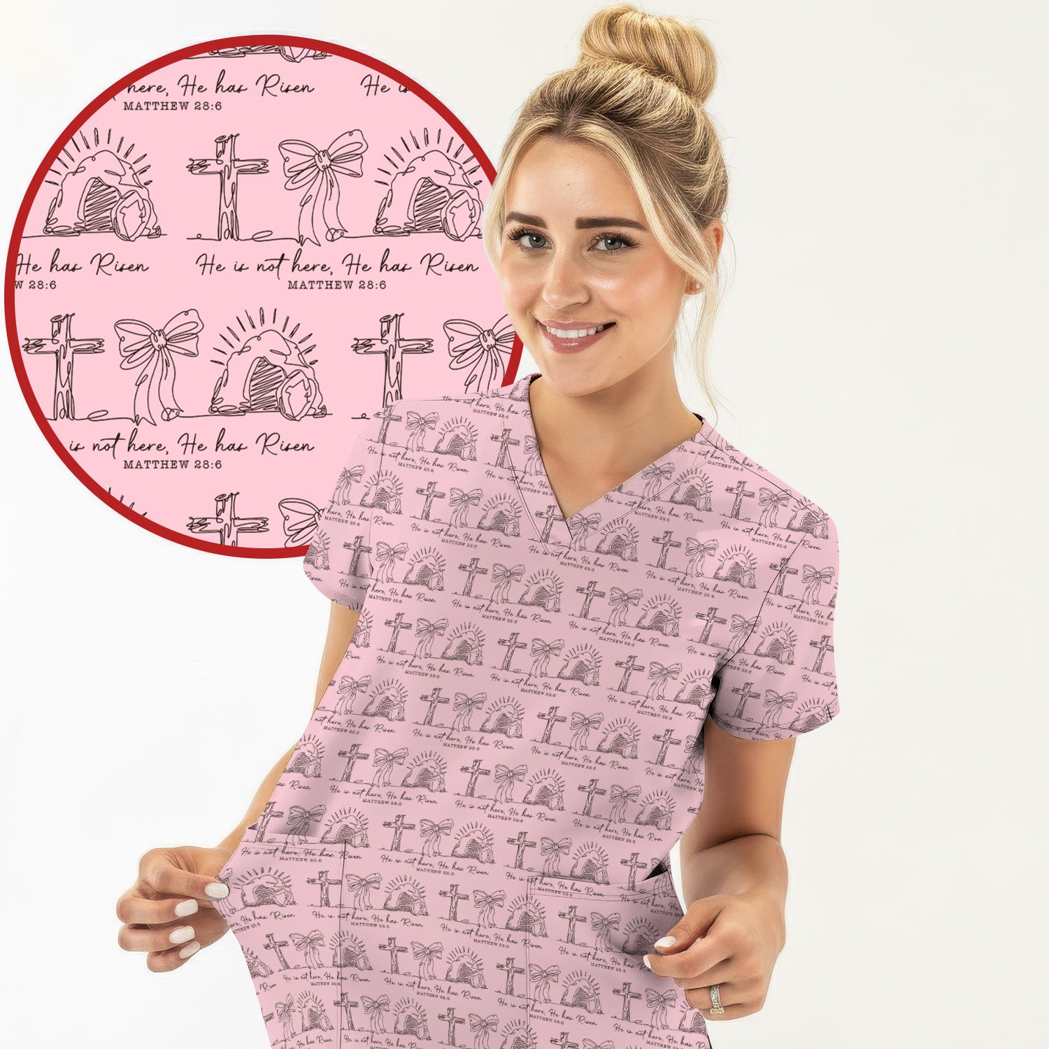 Christian Cross He Is Risen Pattern Scrubs Top, Comfortable Scrubs for Nurses