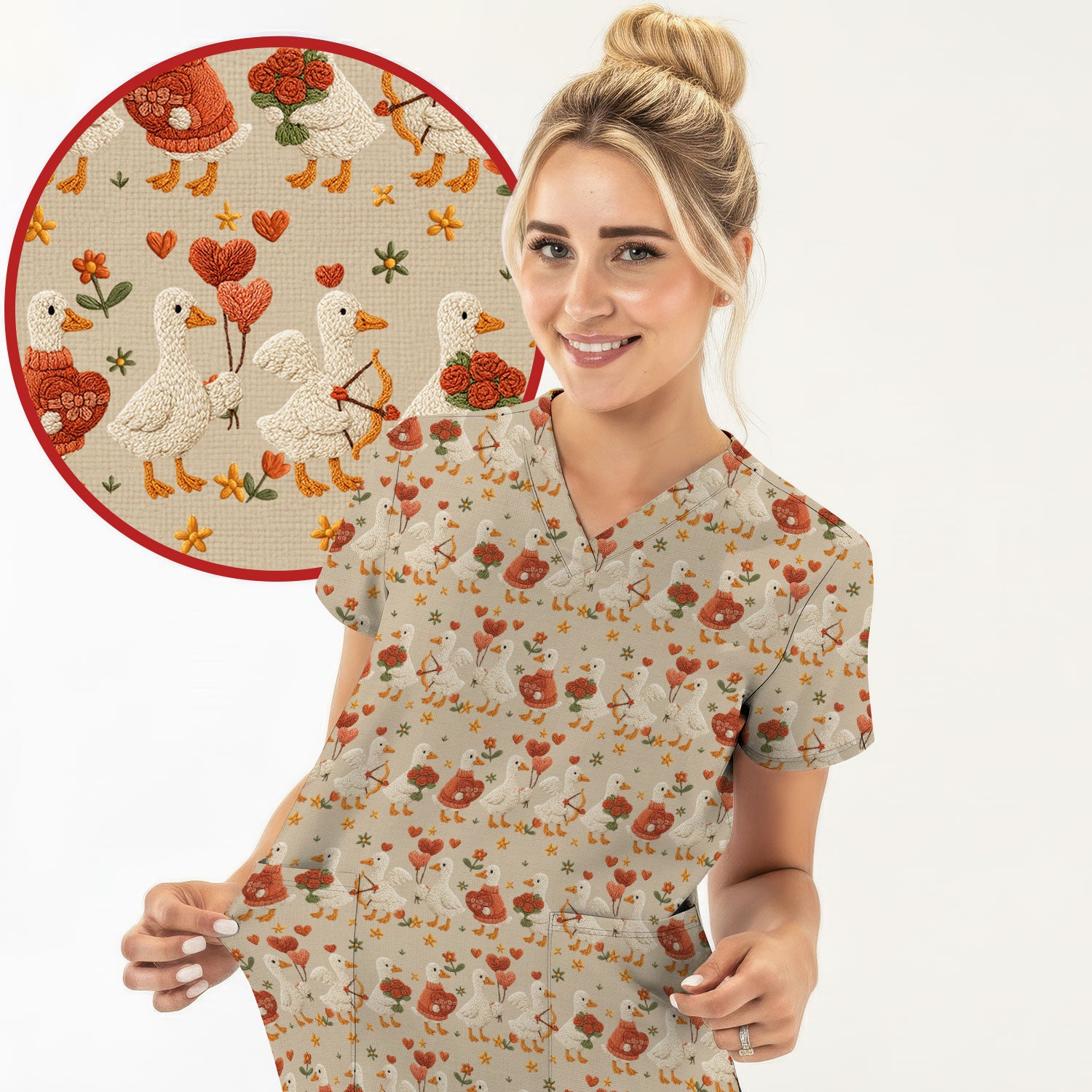 Cute Goose Nurse Scrub Top, Valentine Farm Medical Pattern Shirt, Breathable Fabrics Nursing Uniform