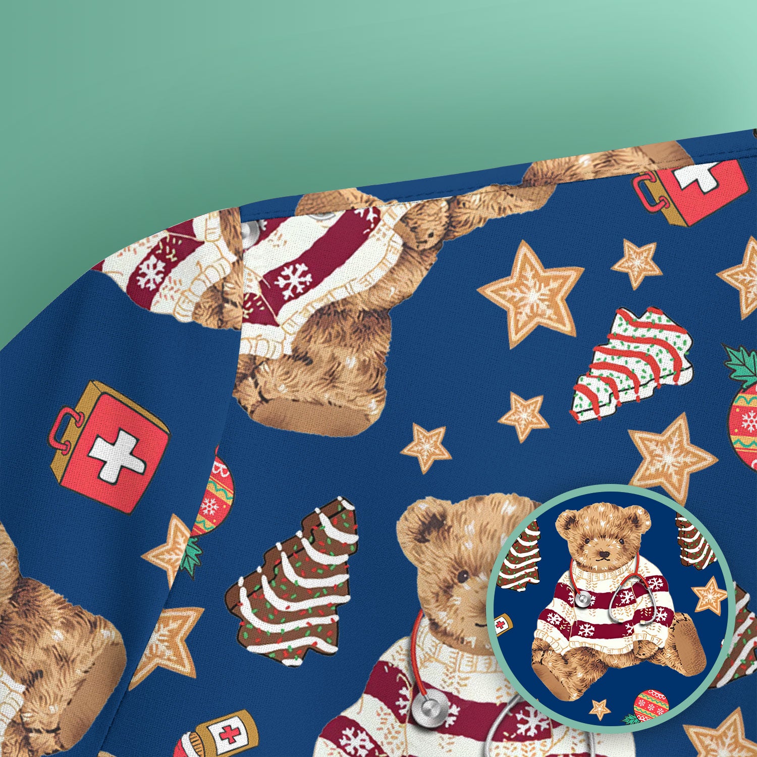 Teddy Bear Christmas Scrub Top - Cute Holiday Medical Pattern with Warm Sweater Bear - Gift for Nurses RN CNA LPN