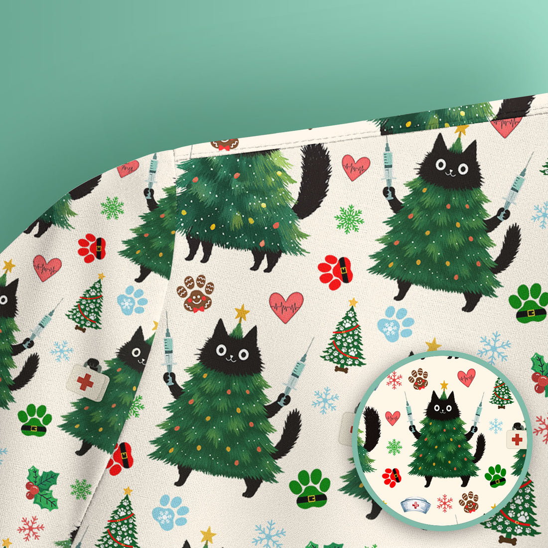 Christmas Nurse Scrub Top, Xmas Black Cat Pattern Nurse Shirt,  Breathable Fabrics Nursing Uniform