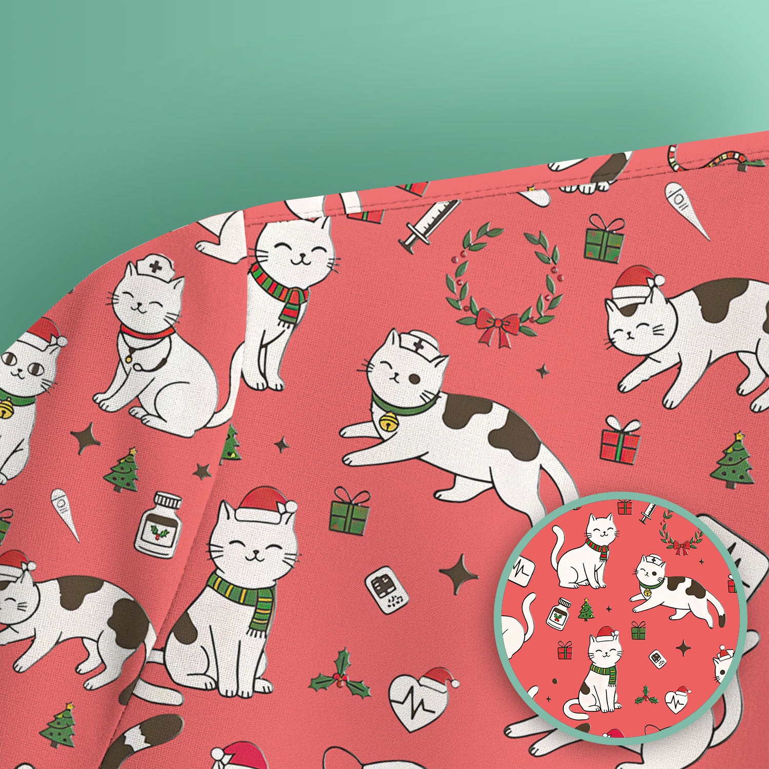 Christmas Cat Scrub Top – Festive Nurse & Holiday Kitty Pattern – Cute Medical Uniform for Nurses, Vets and Healthcare Workers
