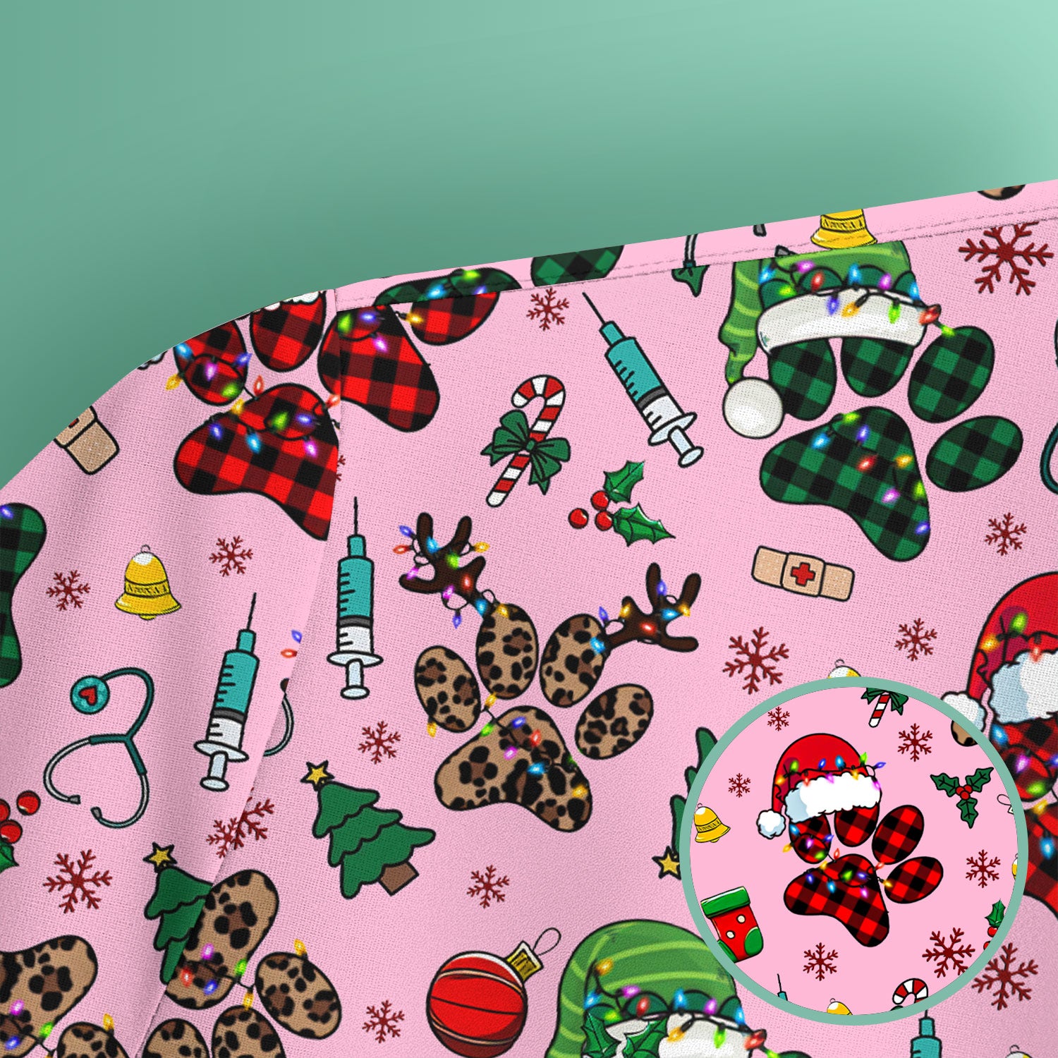 Christmas Paw Print Scrub Top for Nurses - Cute Leopard Holiday Pattern - Funny Festive Medical Uniform Gift