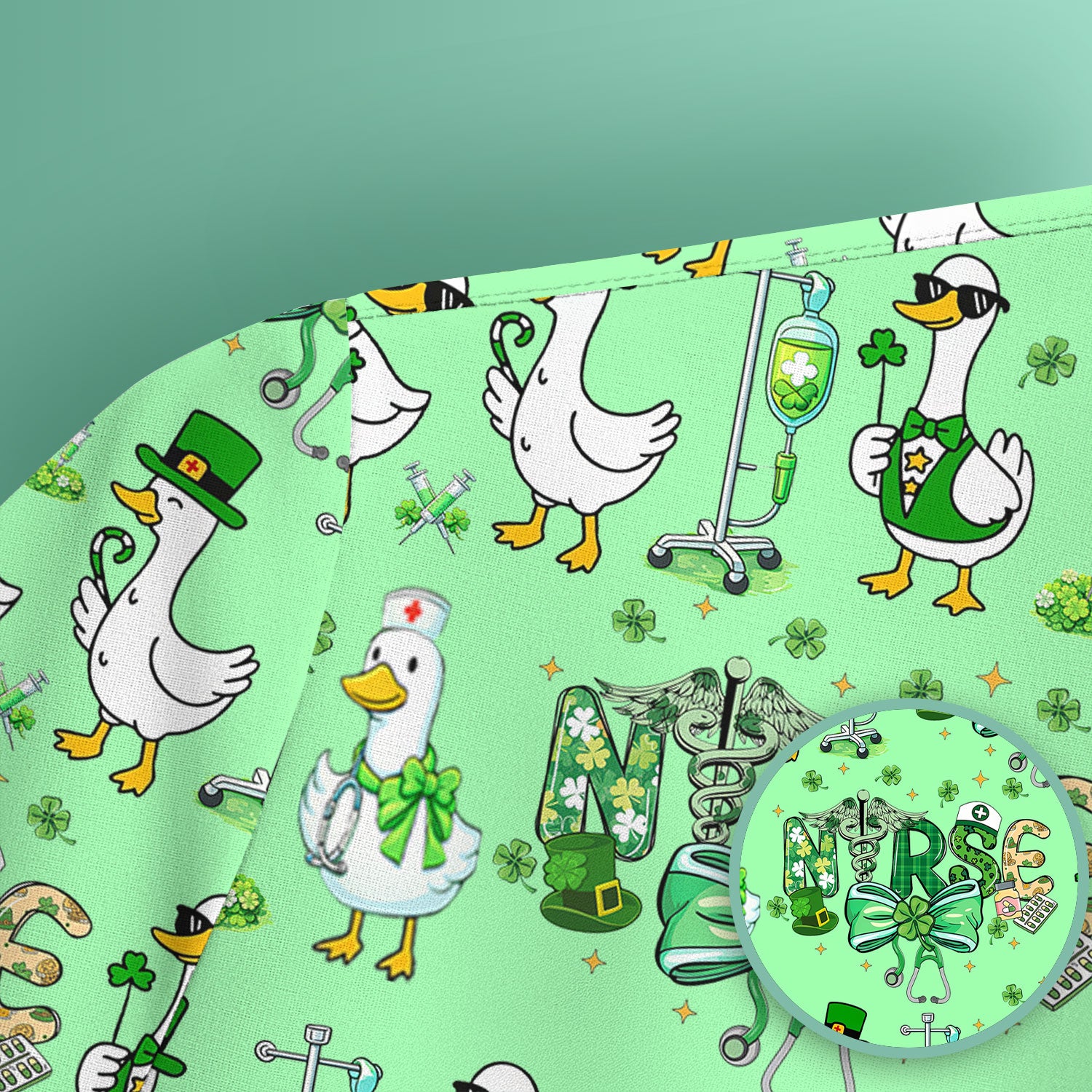 Funny Goose Nurse Shamrock Scrub Top, St. Patrick’s Day Nurse Pattern Shirt, Breathable Fabrics Nursing Uniform