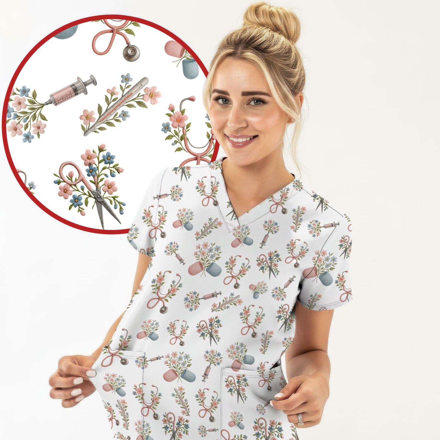 Floral Medical Scrub Top, Elegant Stethoscope With Flower Nursing Shirt, Breathable Fabrics Nurse Uniform