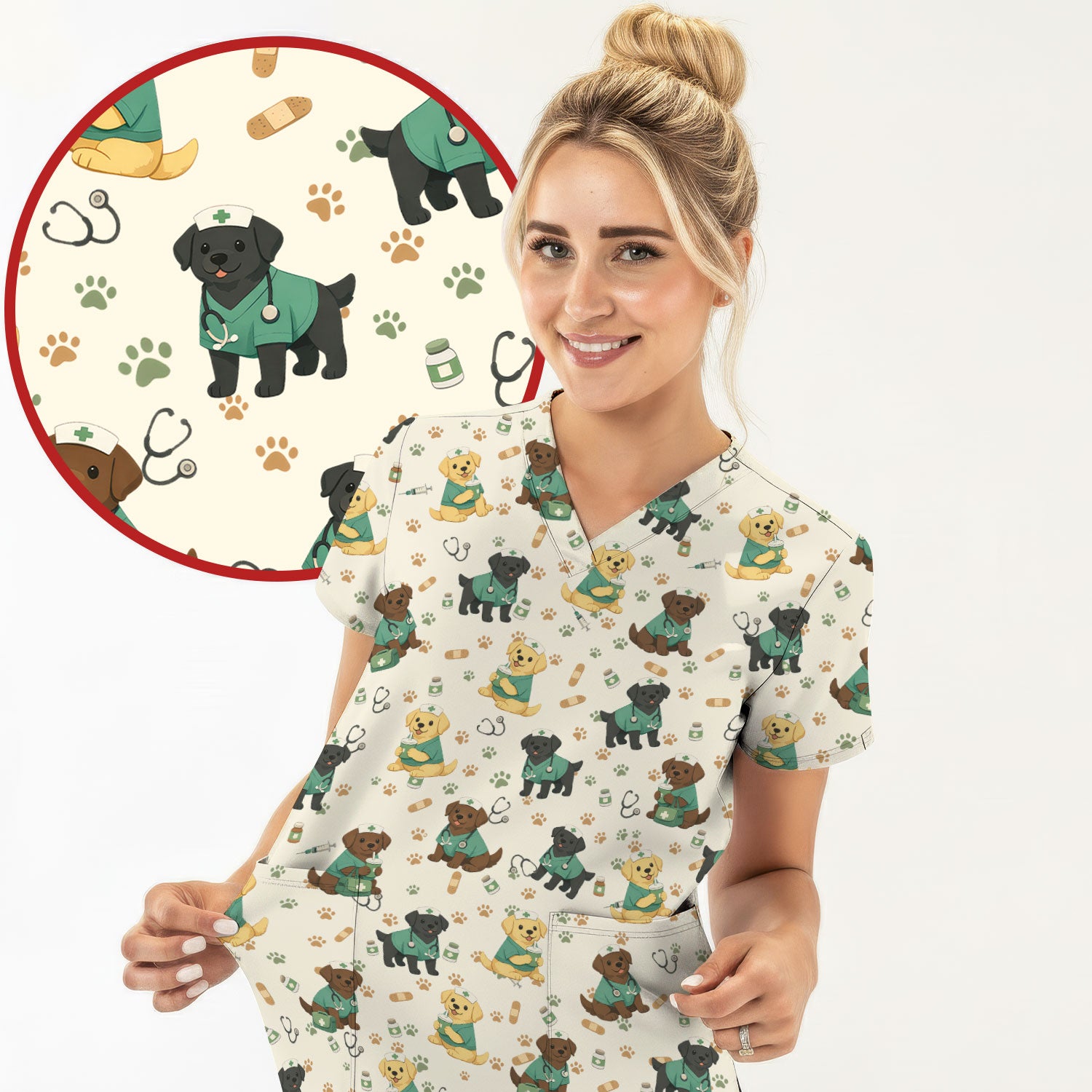 Labrador Retriever Nurse Scrub Top, Cute Medical Dog Pattern Nurses Shirt, Breathable Fabrics Nursing Uniform