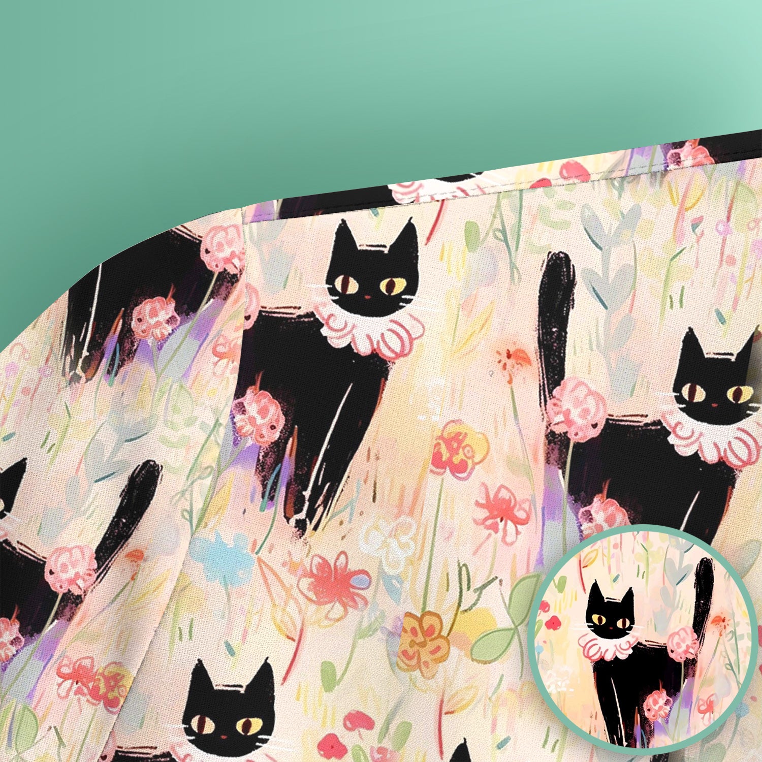 Black Cat Floral Garden Nurse Pattern Scrub Top, Breathable Medical Scrubs