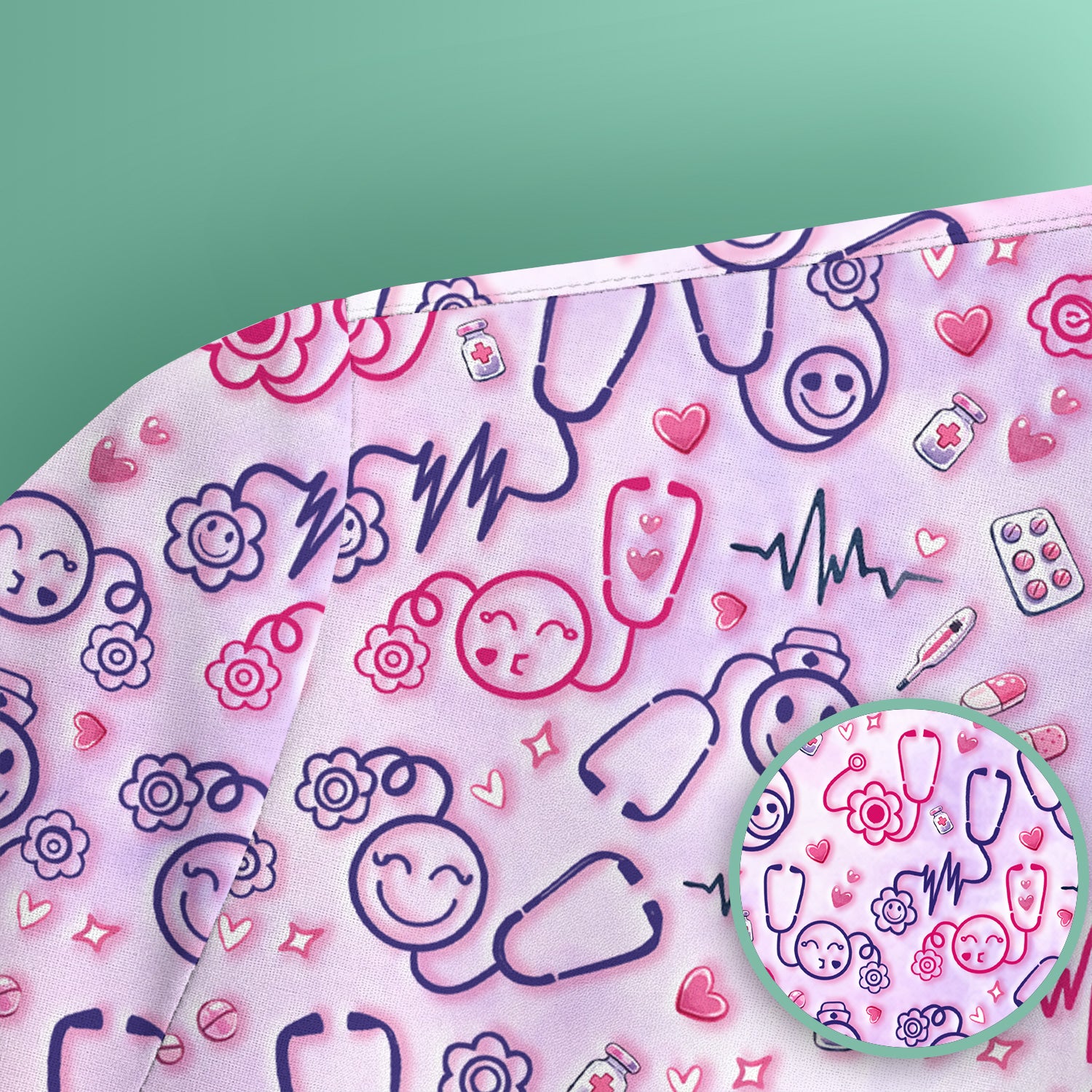 Stethoscope Heart Cute Icon Print Scrub Top, Breathable Fabrics Nursing Uniform