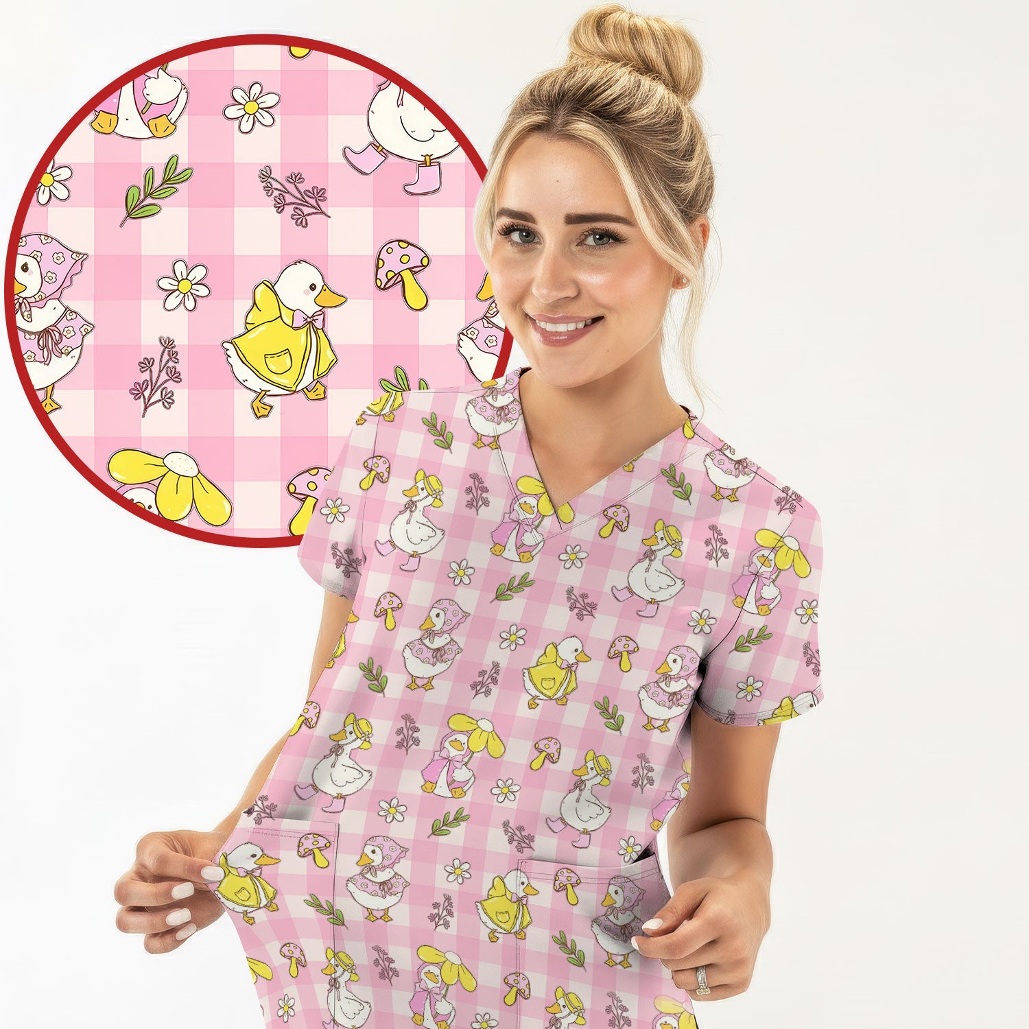 Cute Duck Outfit Gingham Pattern Scrub Top, Comfortable Scrubs for Nurses
