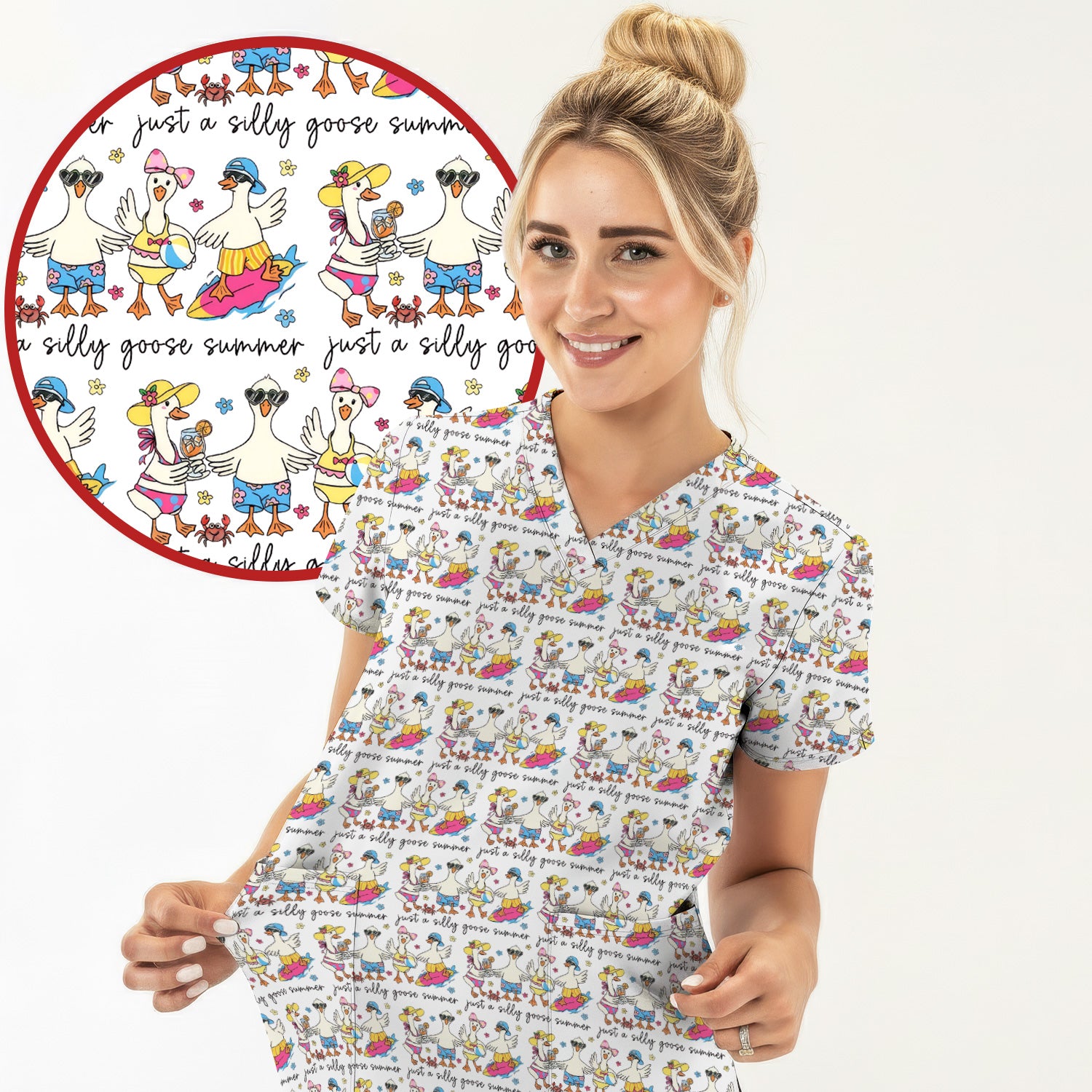 Funny Goose Summer Beach Pattern Scrub Top, Comfortable Scrubs for Nurses