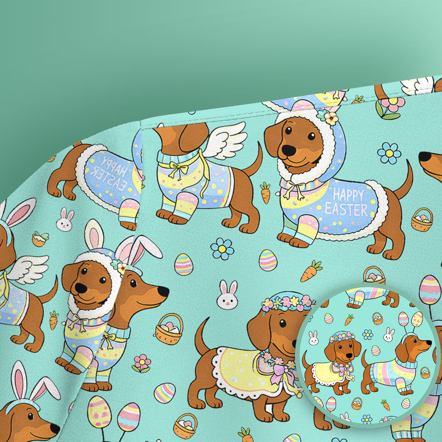 Easter Dachshund Bunny Print Scrub Top, Breathable Fabrics Nursing Uniform