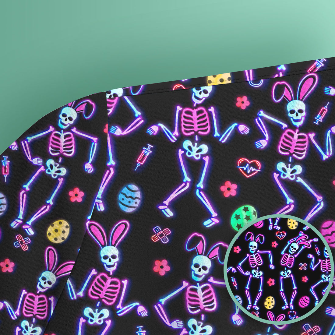 Neon Easter Skeleton Pattern Scrub Top, Comfortable Scrubs for Nurses