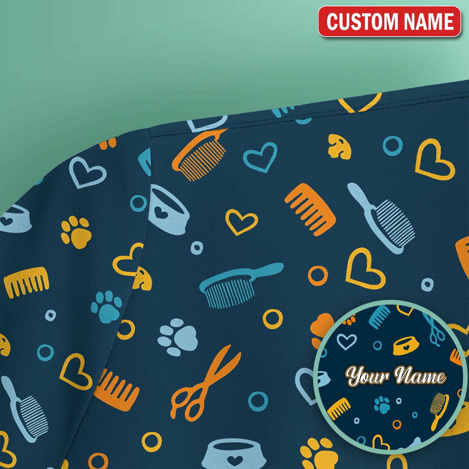 Custom Name Dog Cat Grooming Pattern Scrub Top, Breathable Fabrics Nursing Uniform