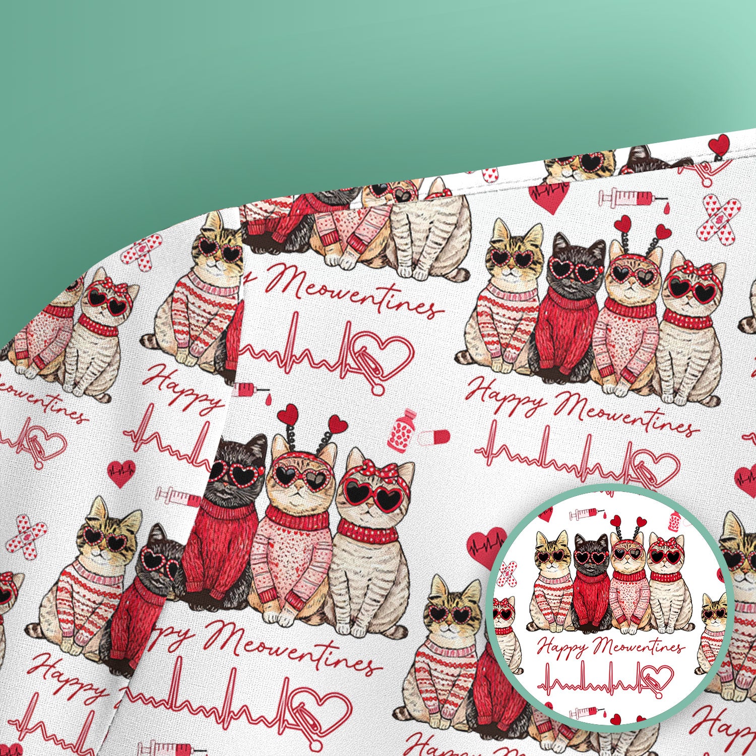 Happy Meowtines Cat Pattern Scrub Top, Valentine Cat Lover Nurse Scrub Shirt, Heartbeat Medical Pattern Nursing Uniform