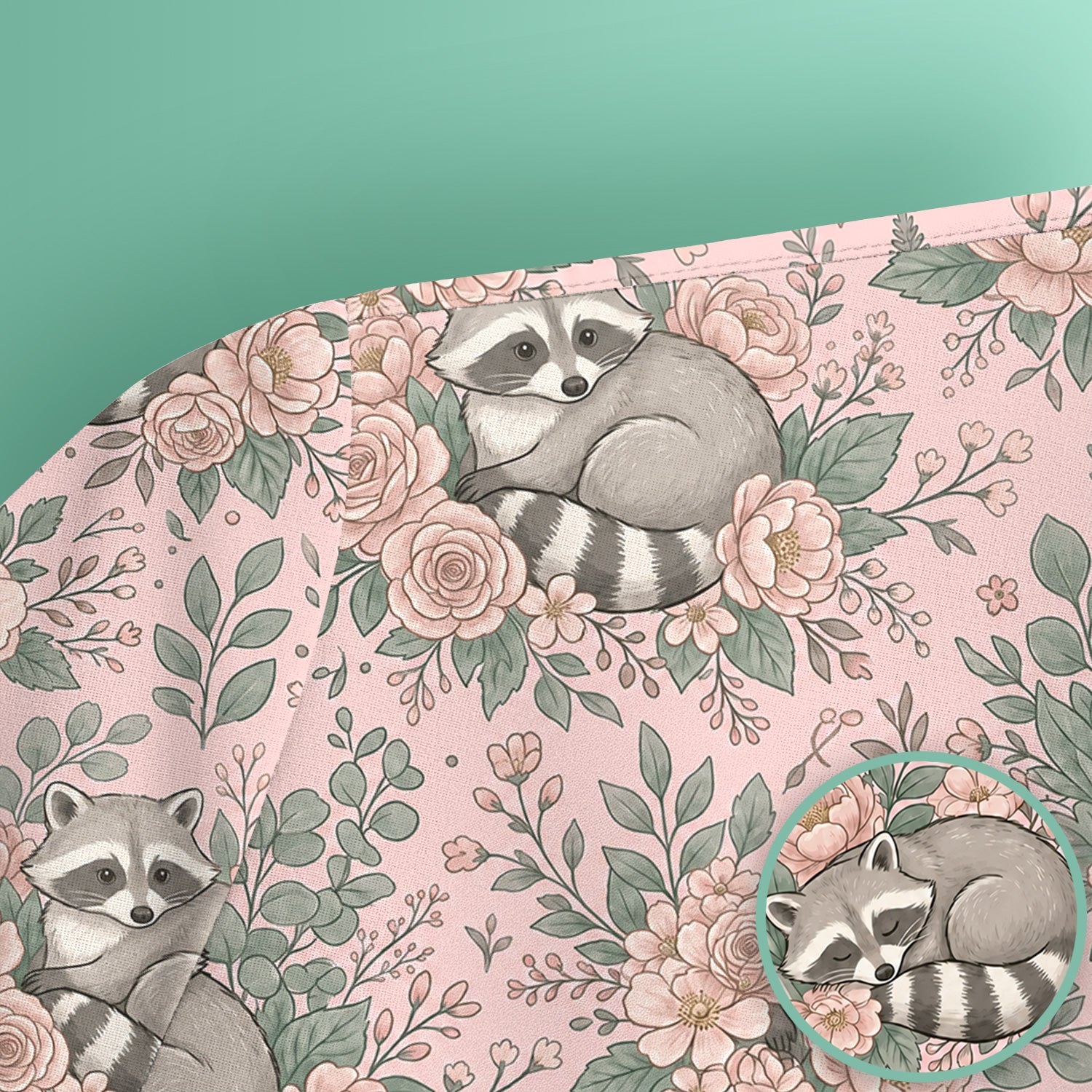 Sleeping Raccoon Rose Garden Pattern Scrub Top, Breathable Fabrics Nursing Uniform