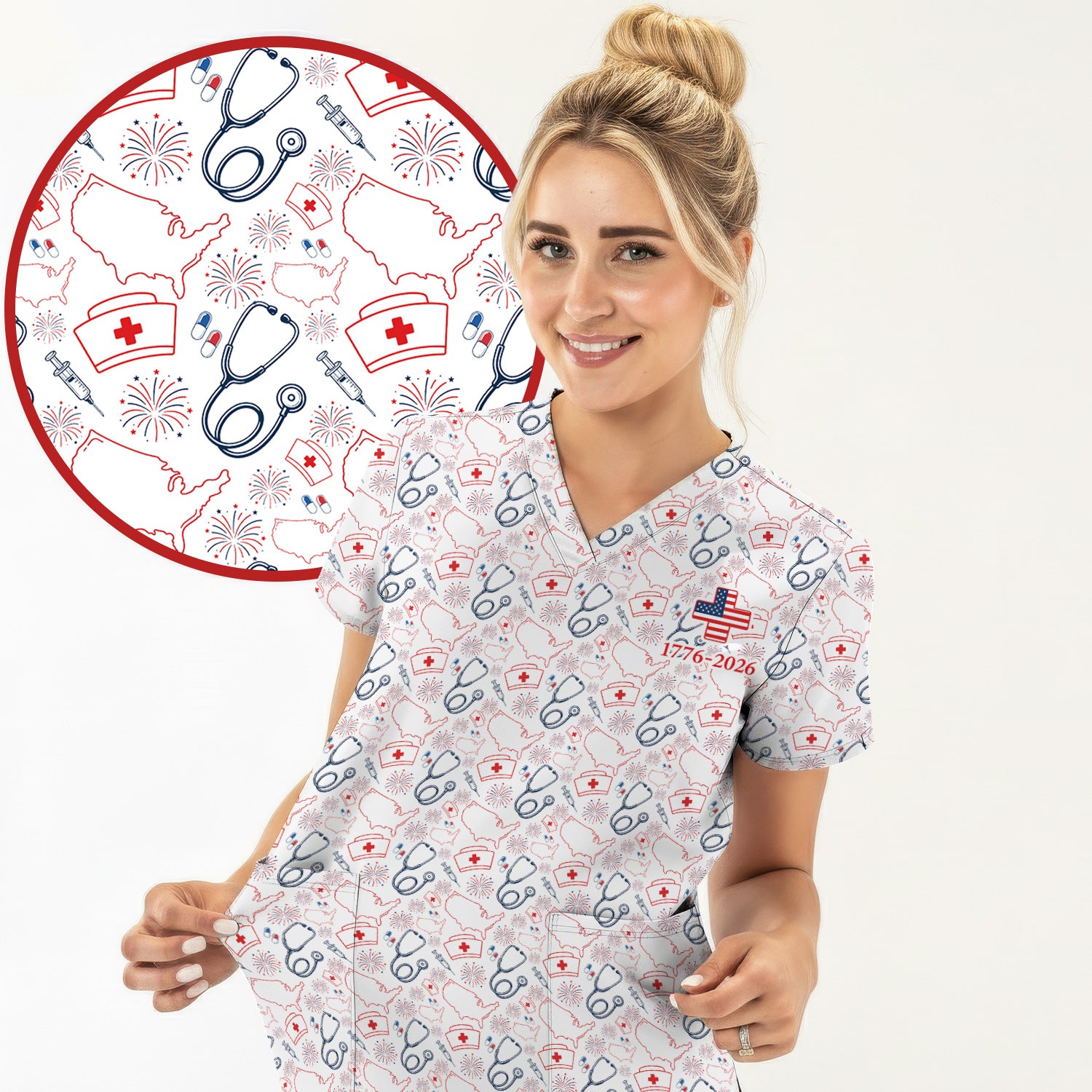 Patriotic Nurse Stethoscope Flag Pattern Scrub Top, Comfortable Scrubs for Nurses