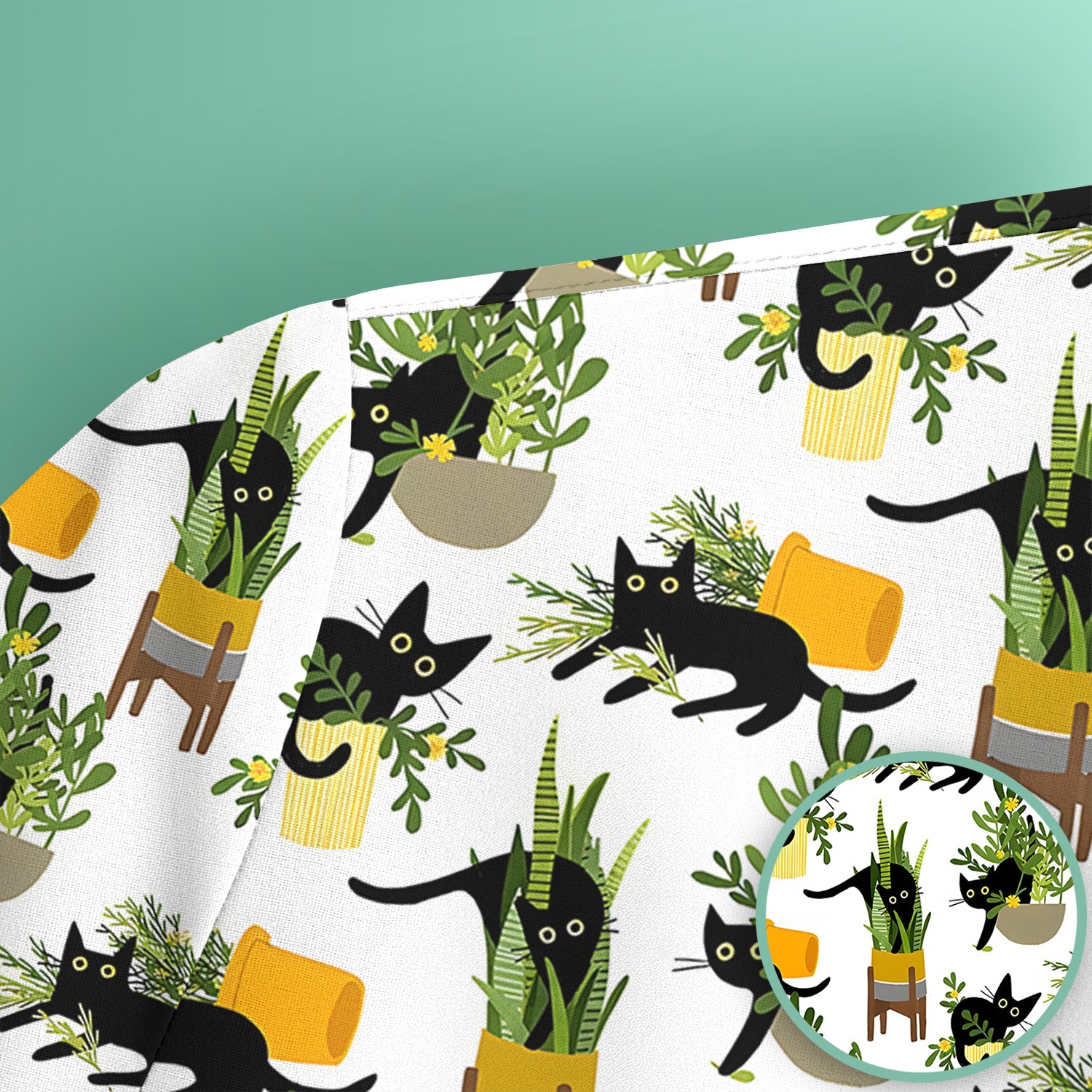 Black Cat Plant Pots Pattern Scrub Top, Comfortable Scrubs for Nurses