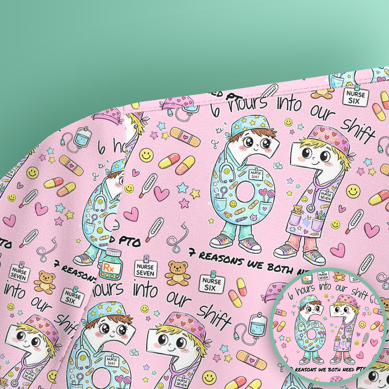 Cartoon Characters Six Hours Into Shift With Medical Doodle Scrub Top, Breathable Fabrics Nursing Uniform