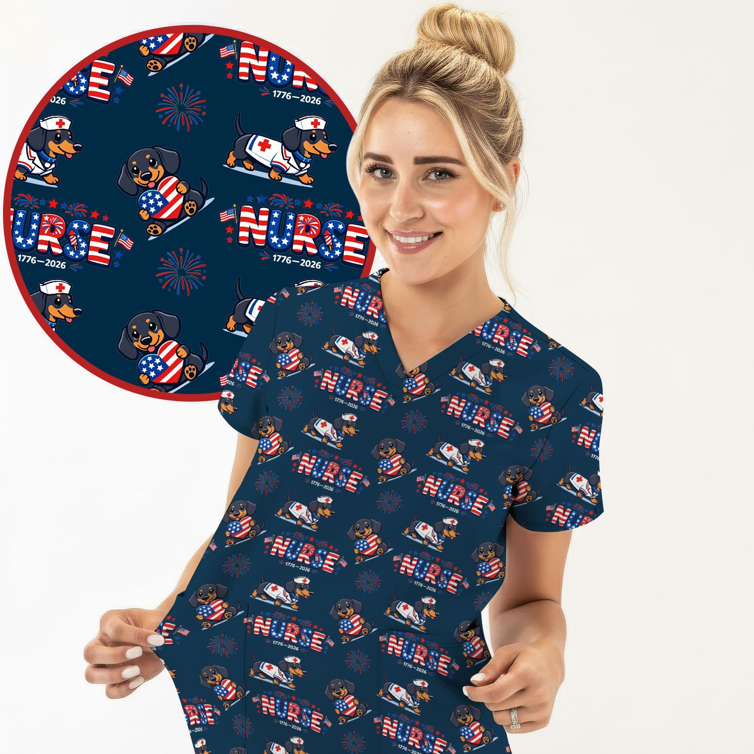 Proud Nurse Patriotic Dachshund Medical Firework Pattern Scrub Top, Comfortable Scrubs for Nurses