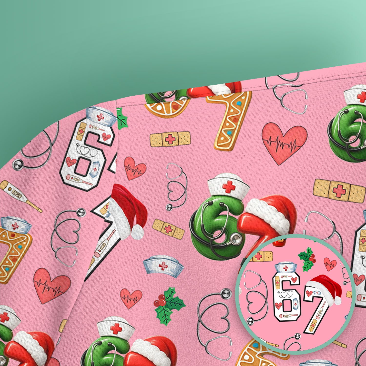 Christmas Nurse 67 Pattern Scrub Top, Cute Holiday Medical Shirt With Santa Hat, Uniform For Nursing