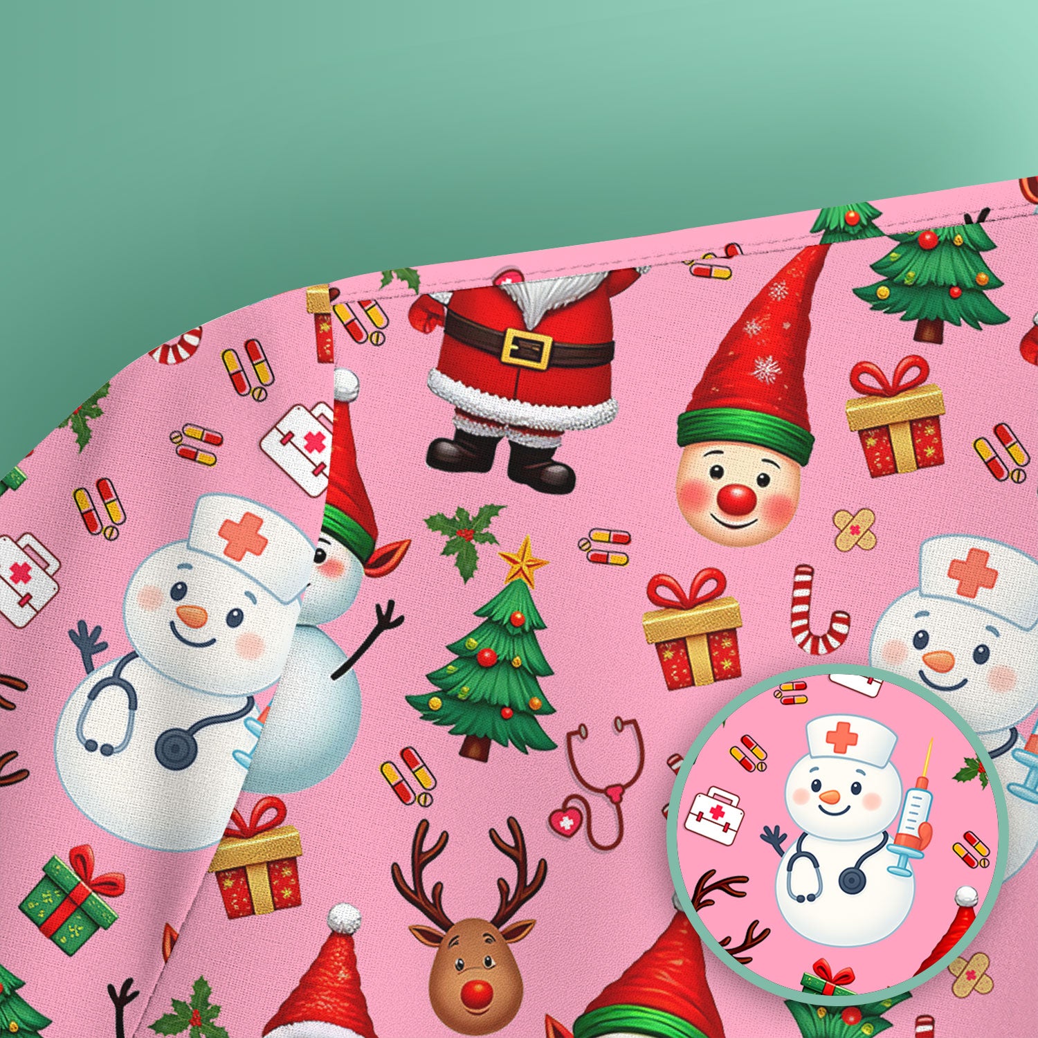 Christmas Nurse Scrub Top - Cute Snowman Santa Reindeer Pattern Medical Shirt - Festive Holiday Scrubs for Women RN CNA LPN