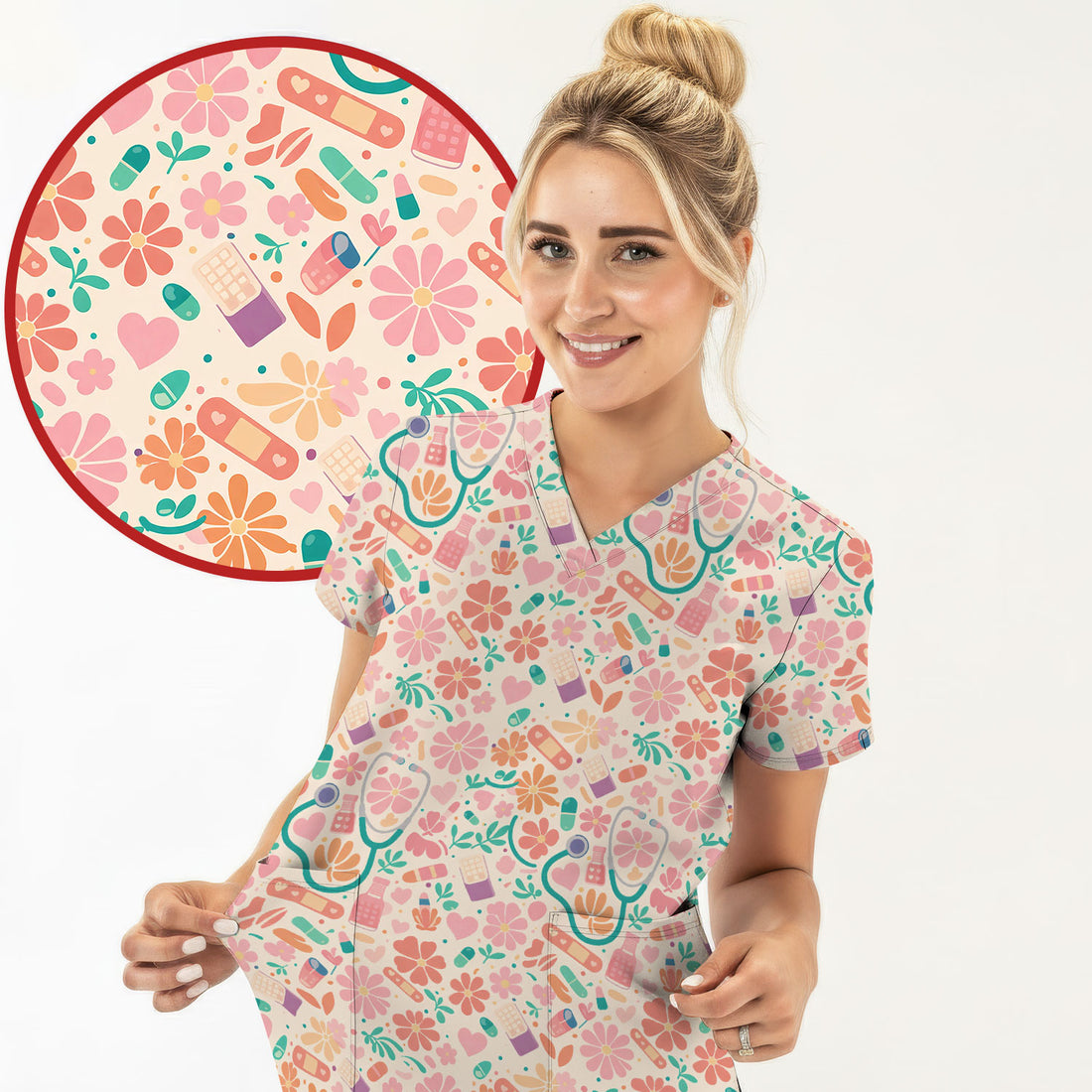 Cute Medical Floral Pattern Scrub Top, Comfortable Scrubs For Nurses