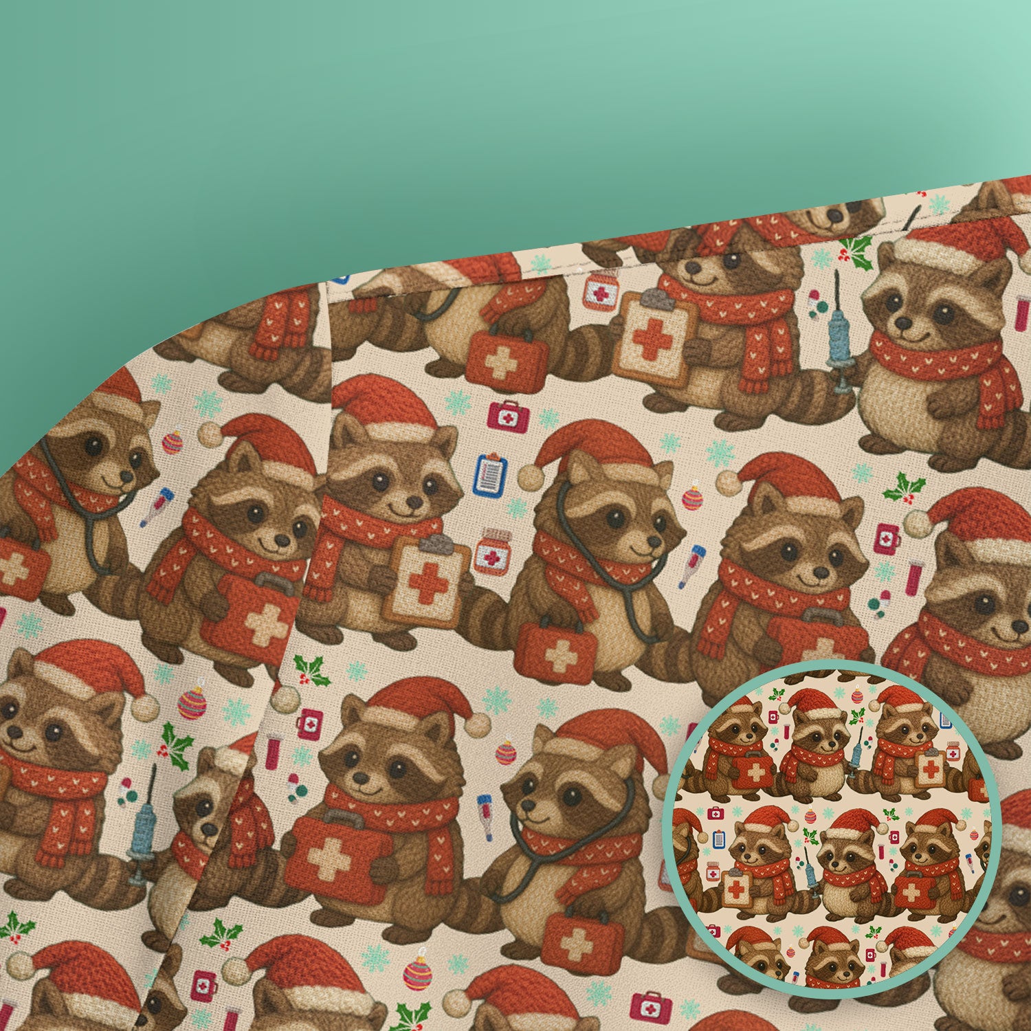 Christmas Scrub Top – Nurse Raccoon Pattern Shirt – Cute Medical Uniform For Nursing