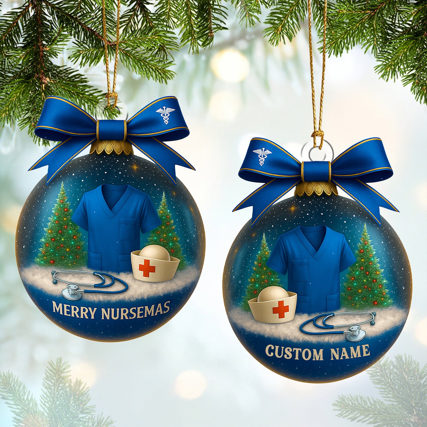 Custom Name Nurse Ornament, Blue Scrub Christmas Ornament With Bow, Merry Nursemas Medical Ornament, Holiday Gift for RN And Doctor