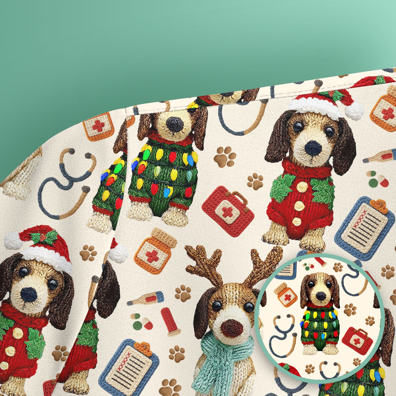 Christmas Doxie Scrubs for Women - Cute Dachshund Christmas Scrub Top for Nurses - Funny Medical Uniform Gift