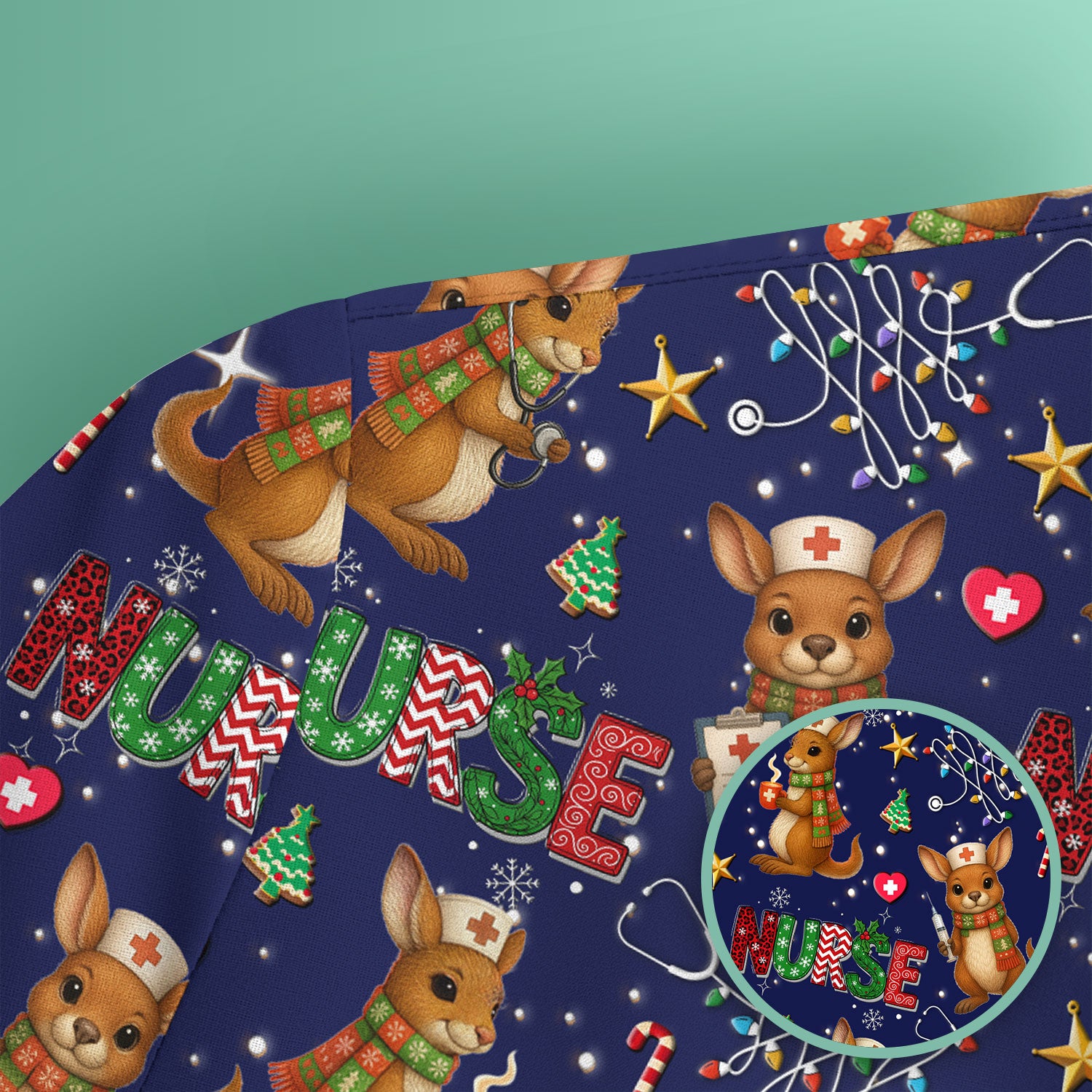 Christmas Kangaroo Nurse Scrub Top - Cute Aussie Holiday Medical Uniform - Funny Xmas Scrubs for Women