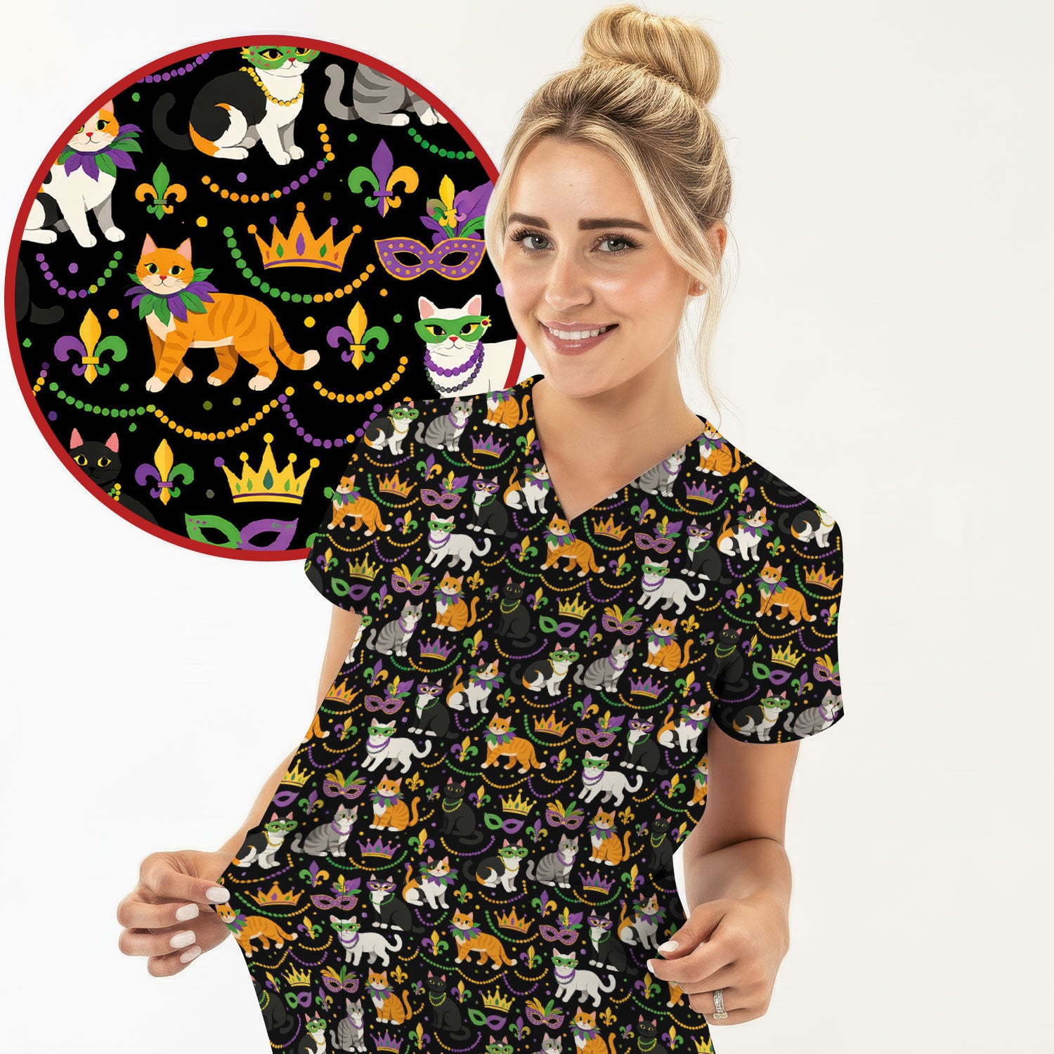 Cat Mardi Gras Nurse Scrub Top, Comfortable Uniform Scrubs For Nursing