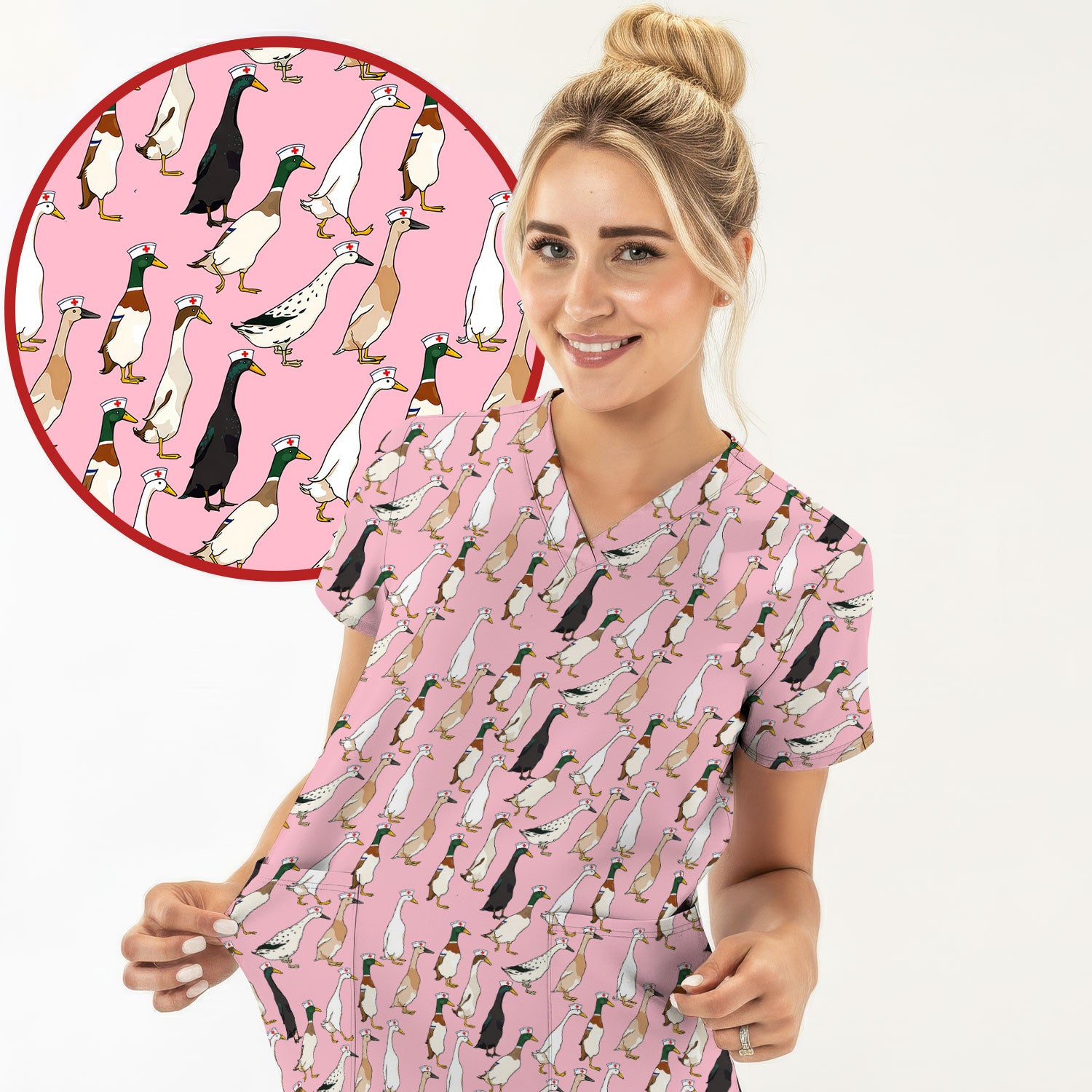 Funny Nurse Duck Pattern Scrub Top, Comfortable Scrubs for Nurses
