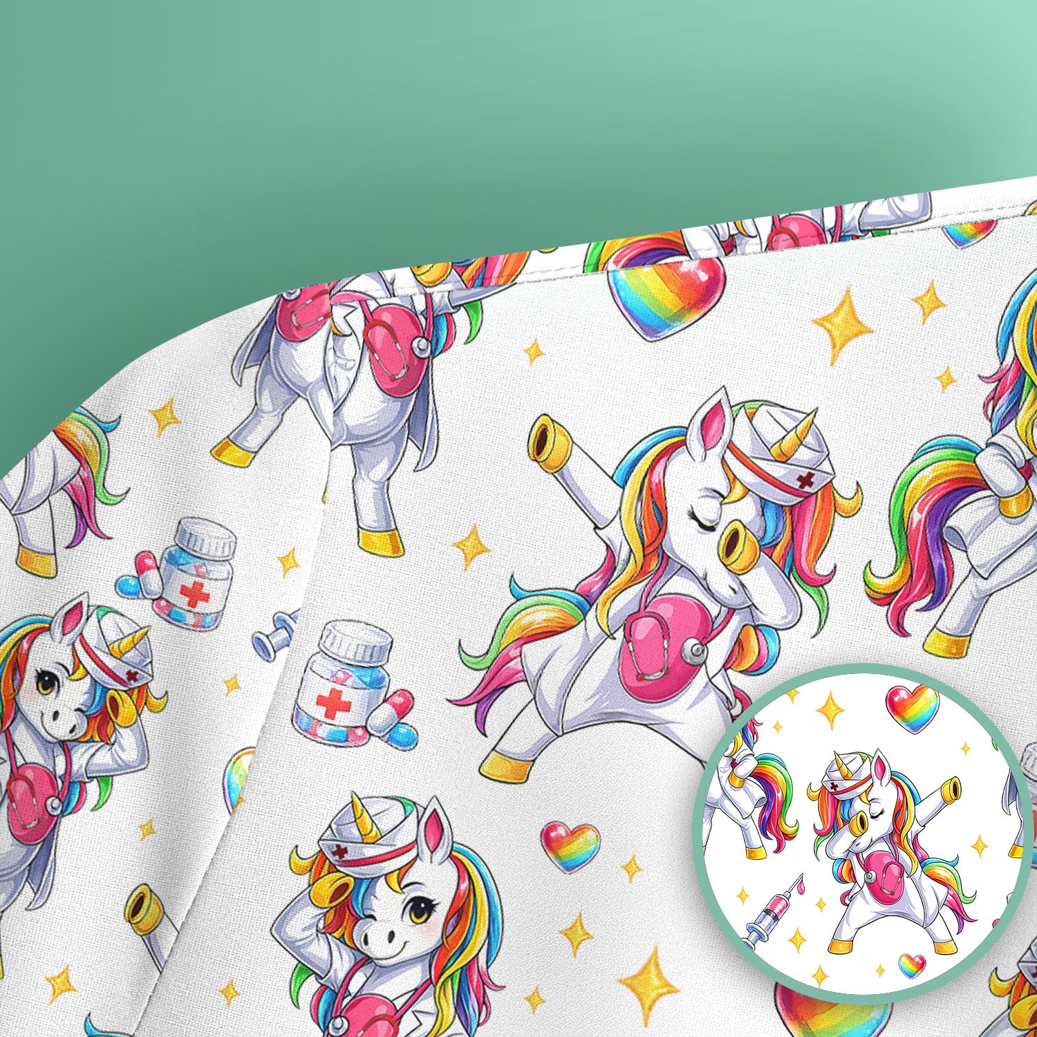 Playful Nurse Unicorn Rainbow Pattern Scrub Top, Comfortable Scrubs for Nurses