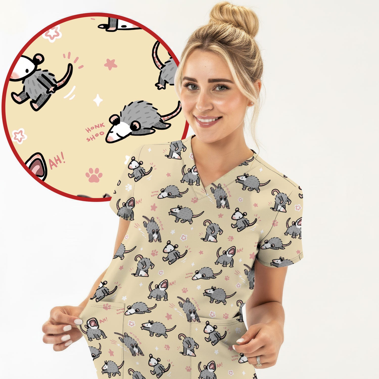 Playful Cartoon Opossum Character Pattern Scrub Top, Breathable Fabrics Nursing Uniform