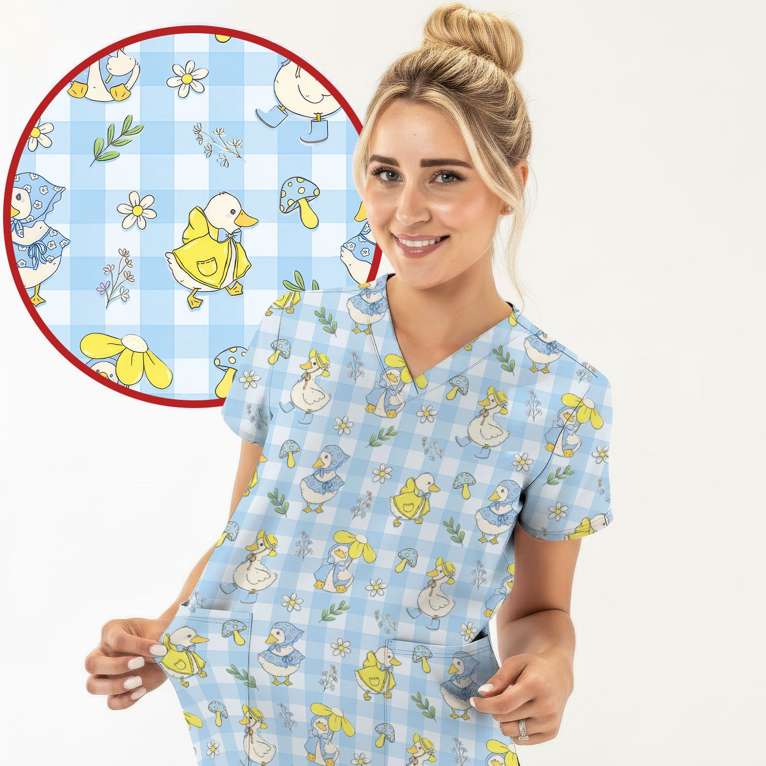 Cute Duck Outfit Gingham Pattern Scrub Top, Comfortable Scrubs for Nurses