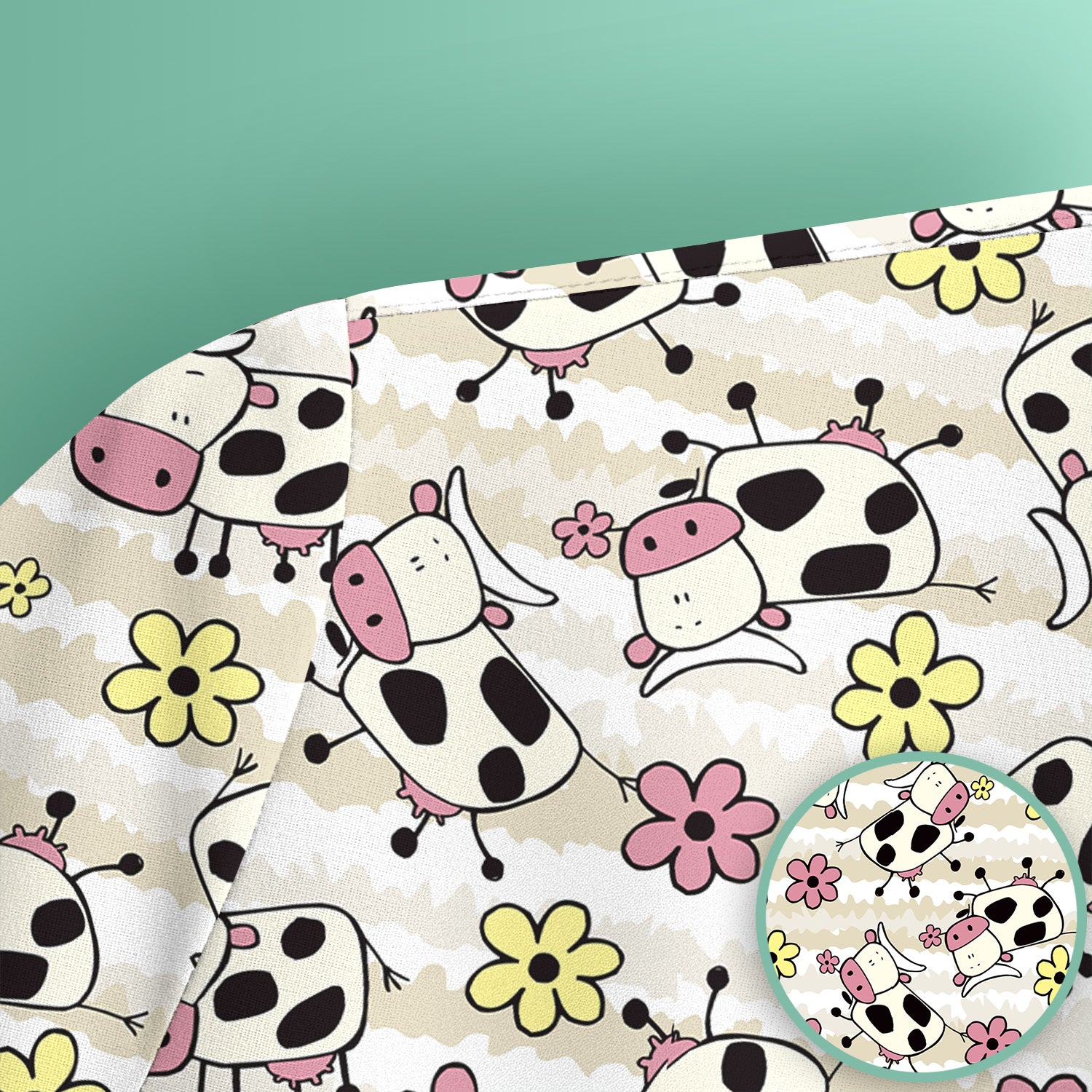 Cute Cartoon Cow Flower Meadow Pattern Nurse Scrub Top, Comfortable Scrubs for Nurses