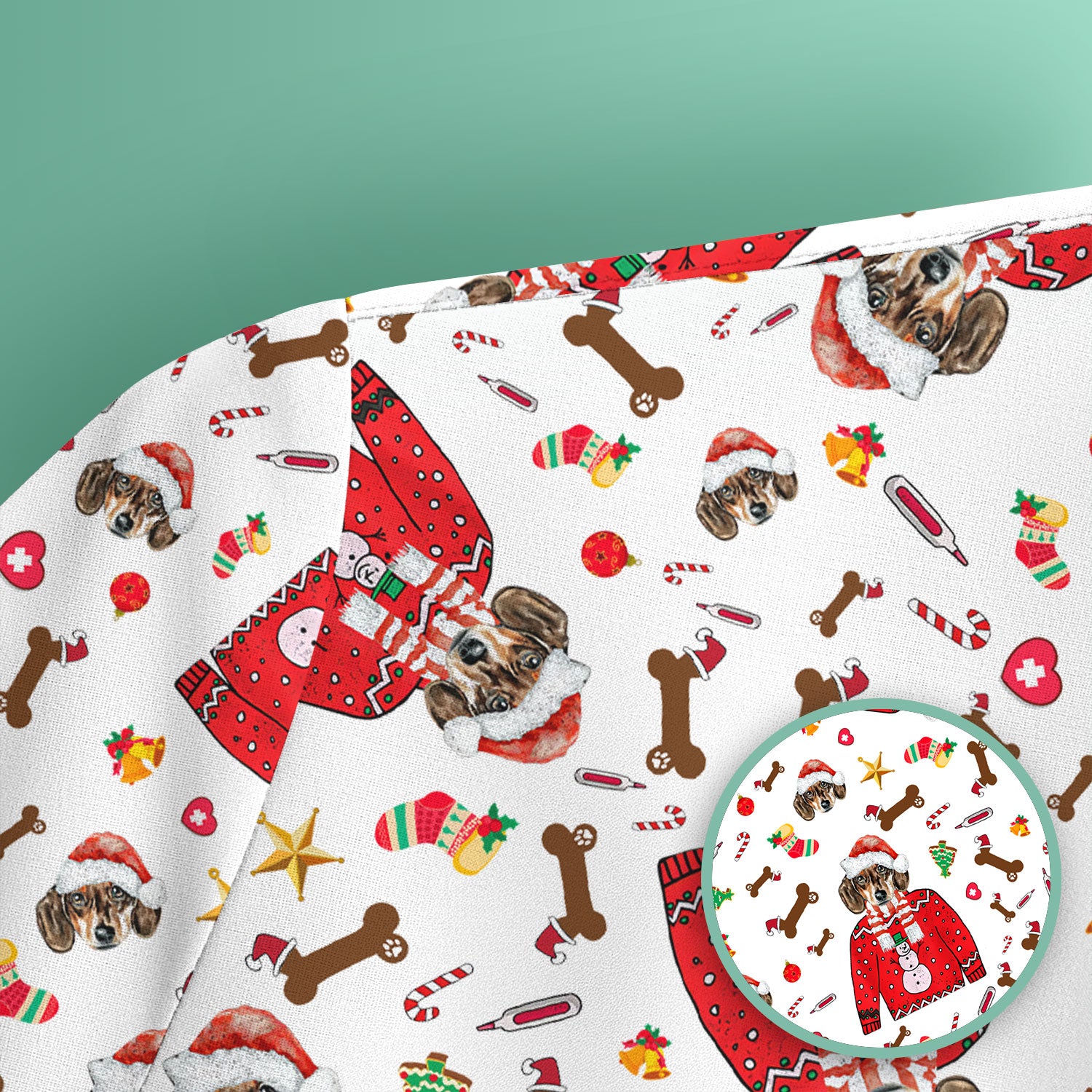 Funny Dog Christmas Scrub Top – Cute Puppy in Santa Outfit Pattern – Festive Holiday Medical Uniform For Nurses And Pet Lovers