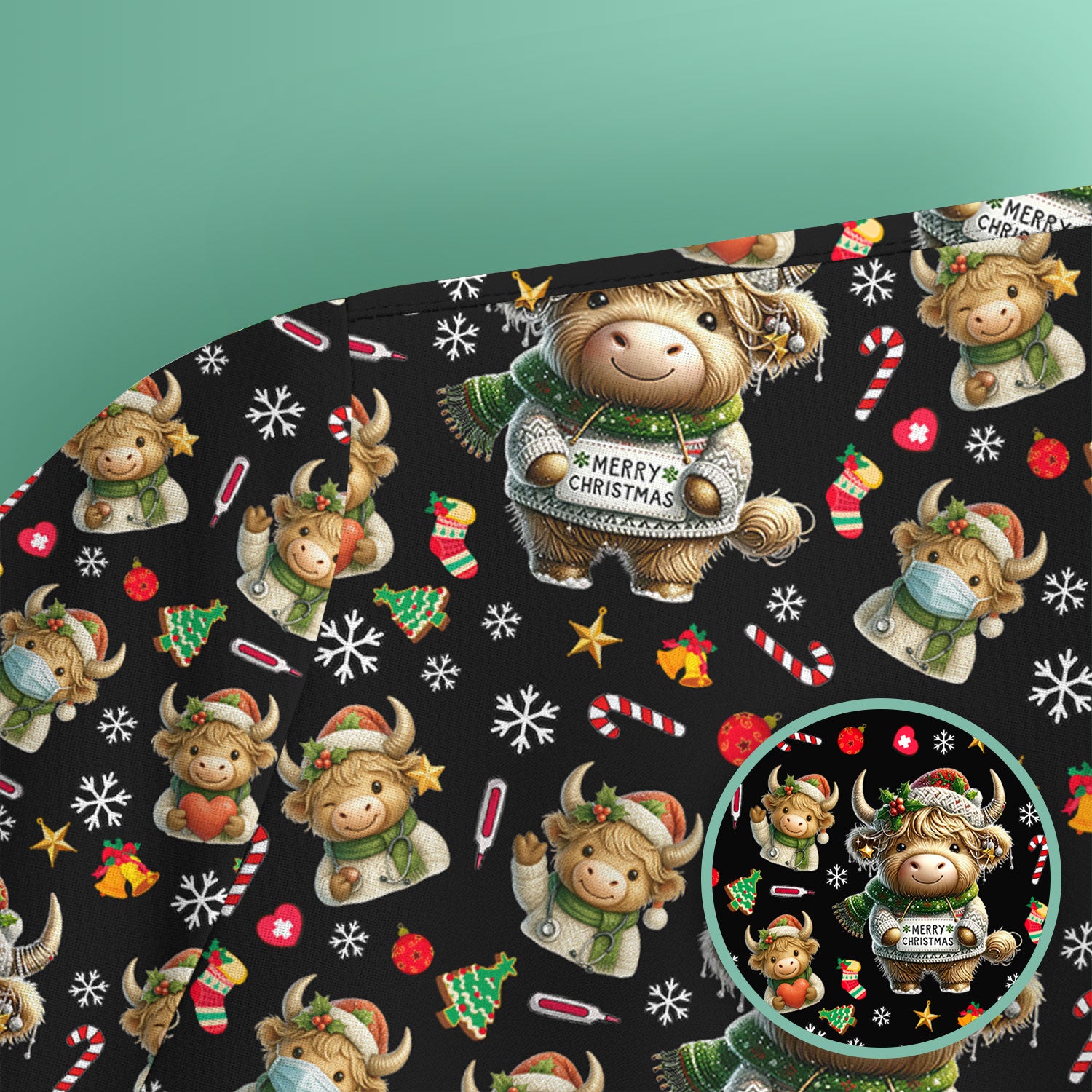 Highland Cow Christmas Scrub Top, Festive Cow Nurse Shirt With Holiday Pattern, Cute Medical Uniform For Women