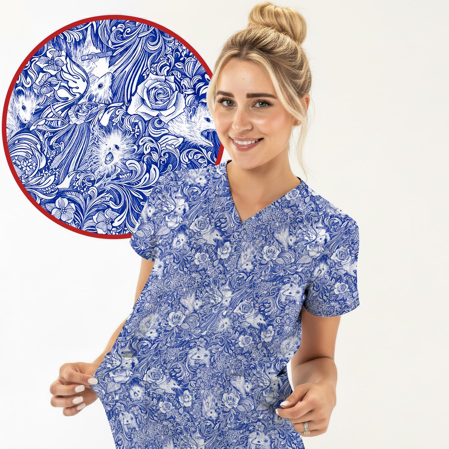 Blue Toile Opossum Floral Pattern Scrub Top, Comfortable Scrubs for Nurses