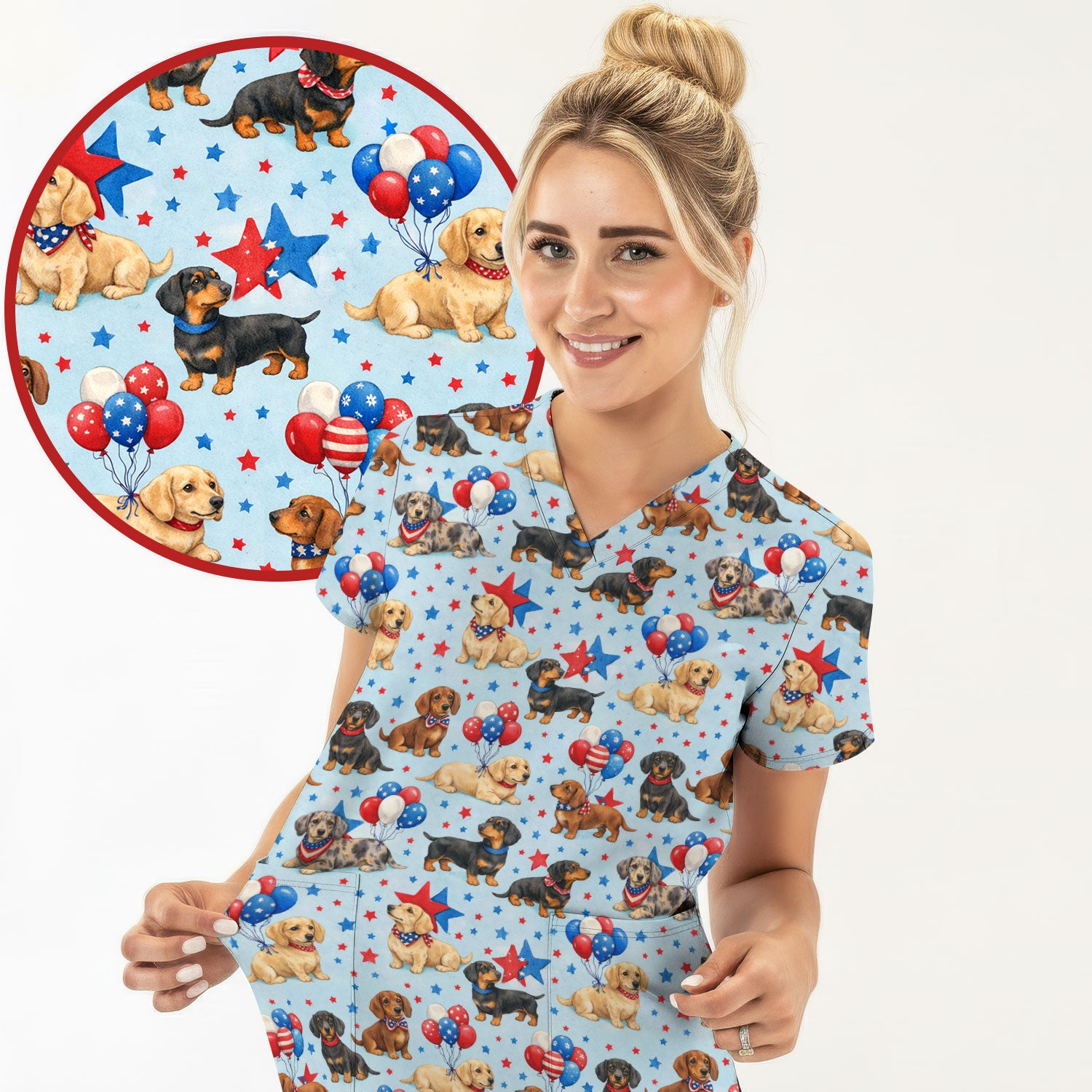 Cute Patriotic Dachshund Balloon Star Pattern Scrub Top, Comfortable Scrubs For Nurses