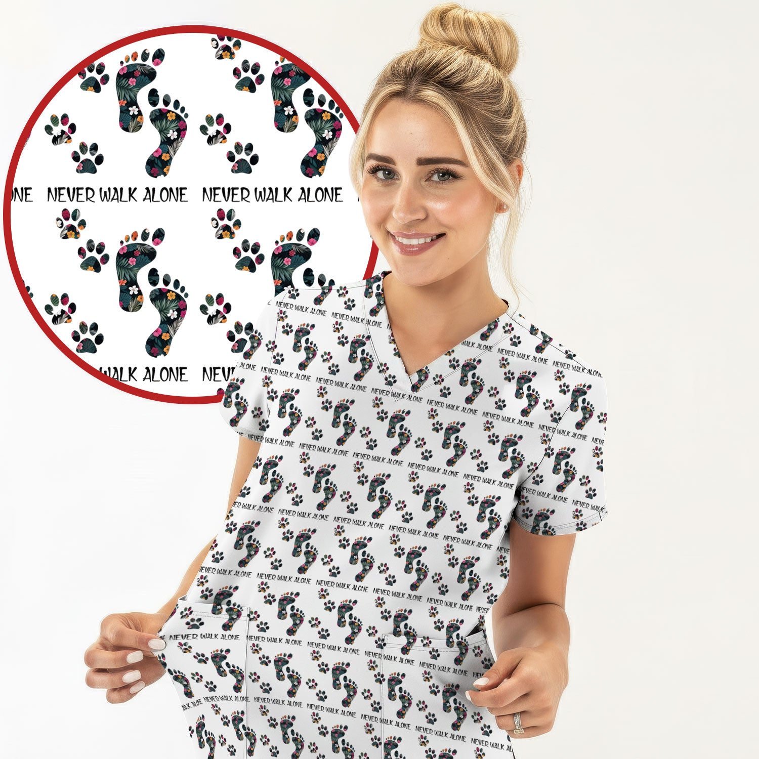 Never Walk Alone Scrub Top, Floral Paw Print Medical Scrub Shirt for Nurses, Vet Techs And Healthcare Workers