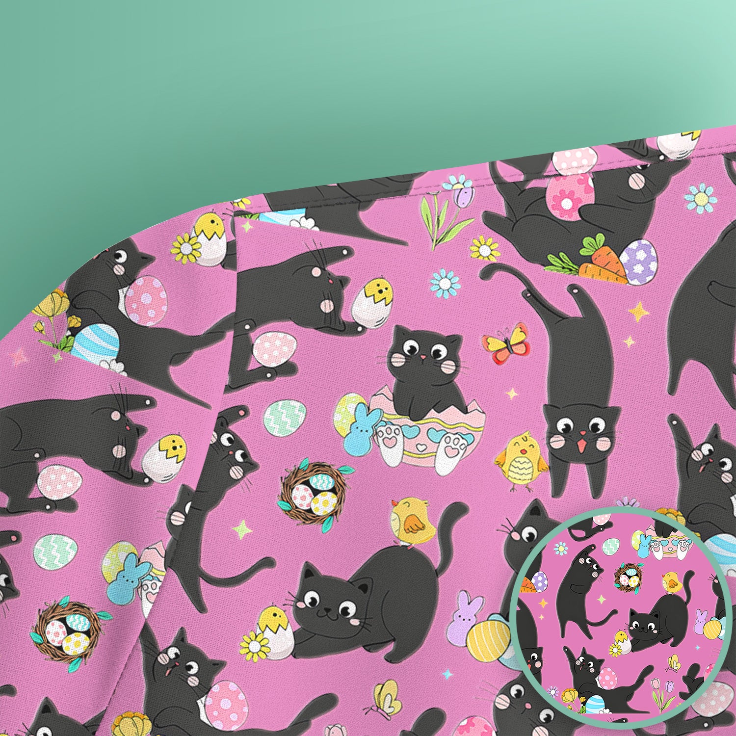 Playful Black Cat Easter Egg Pattern Scrub Top, Comfortable Scrubs for Nurses