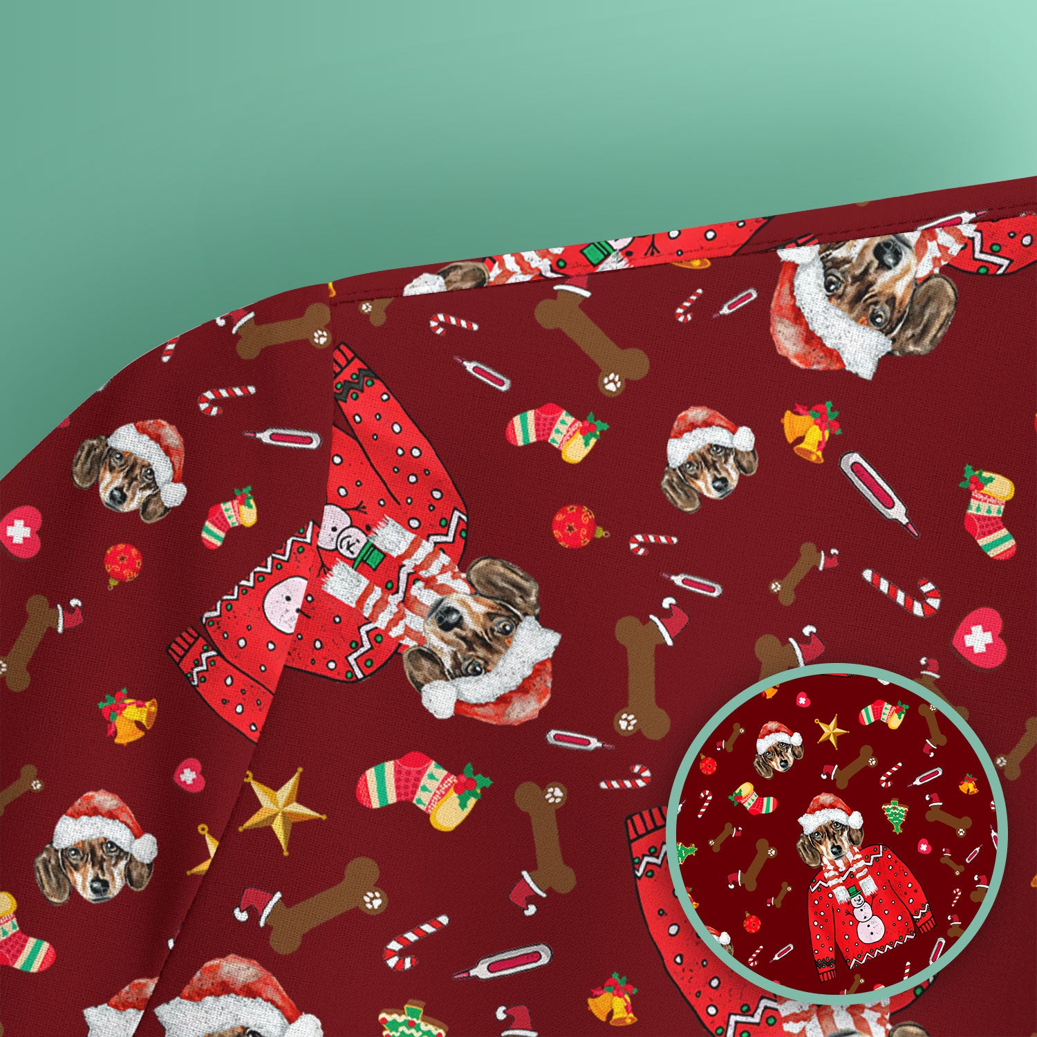 Funny Dog Christmas Scrub Top – Cute Puppy in Santa Outfit Pattern – Festive Holiday Medical Uniform For Nurses And Pet Lovers