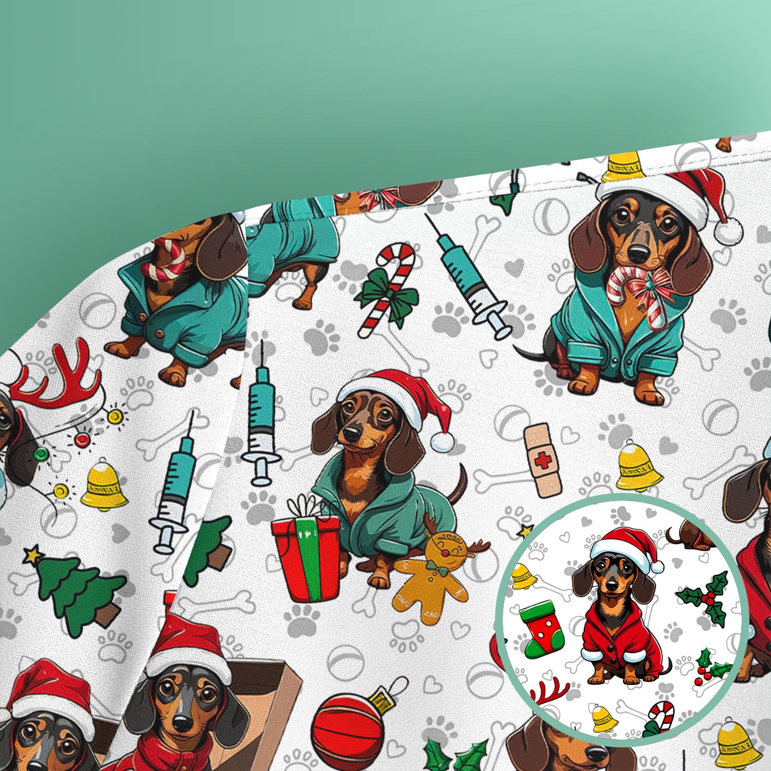 Christmas Dachshund Scrubs for Nurses - Cute Sausage Dog Holiday Scrub Top - Funny Reindeer & Santa Medical Shirt for Women